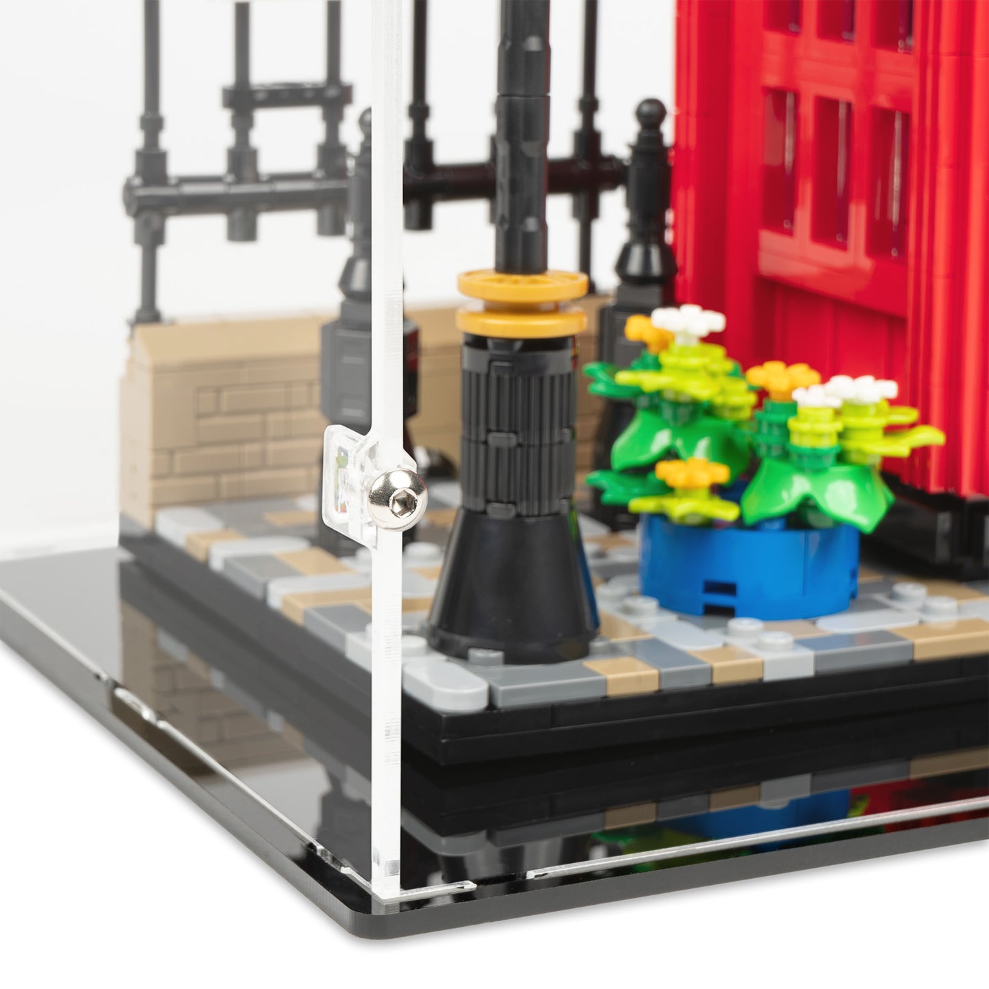 Fitting detail view of LEGO 21347 Red London Telephone Box Display Case.