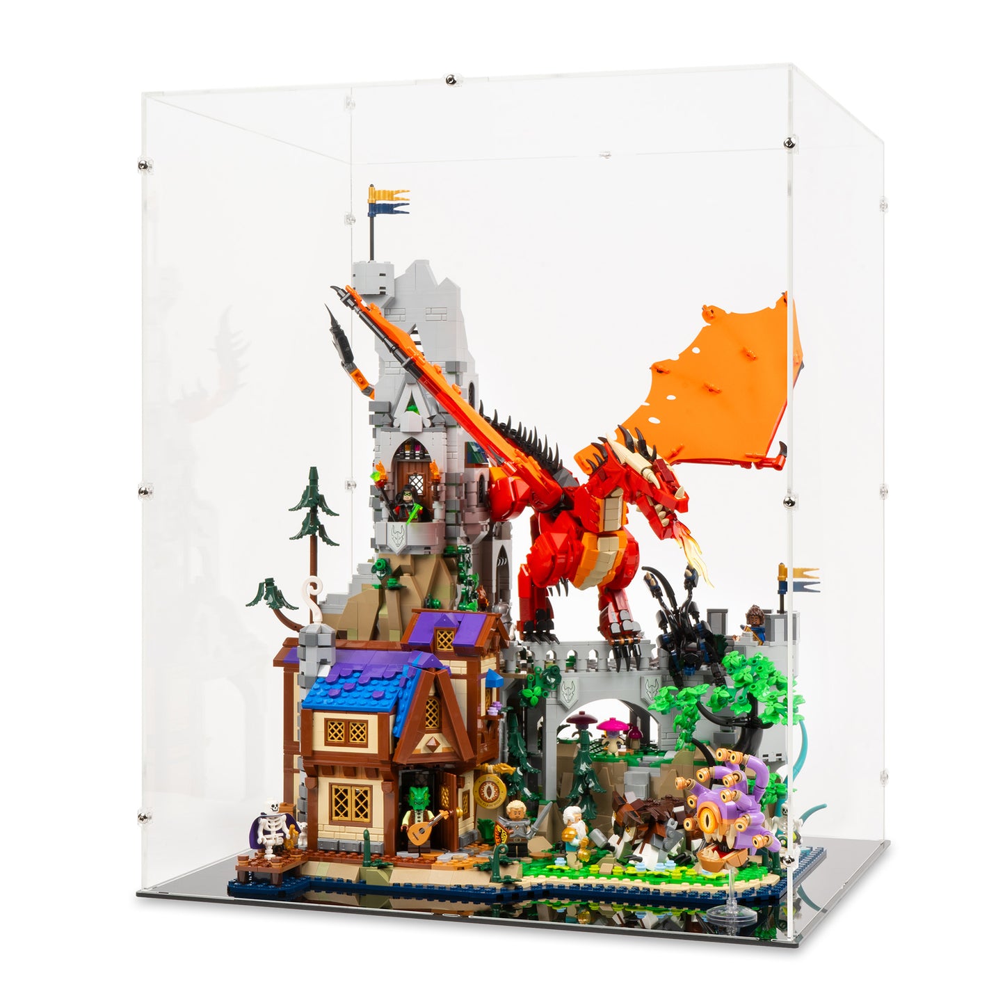 Angled view of LEGO 21348 Dungeons and Dragons Red Dragon's Tale Display Case.