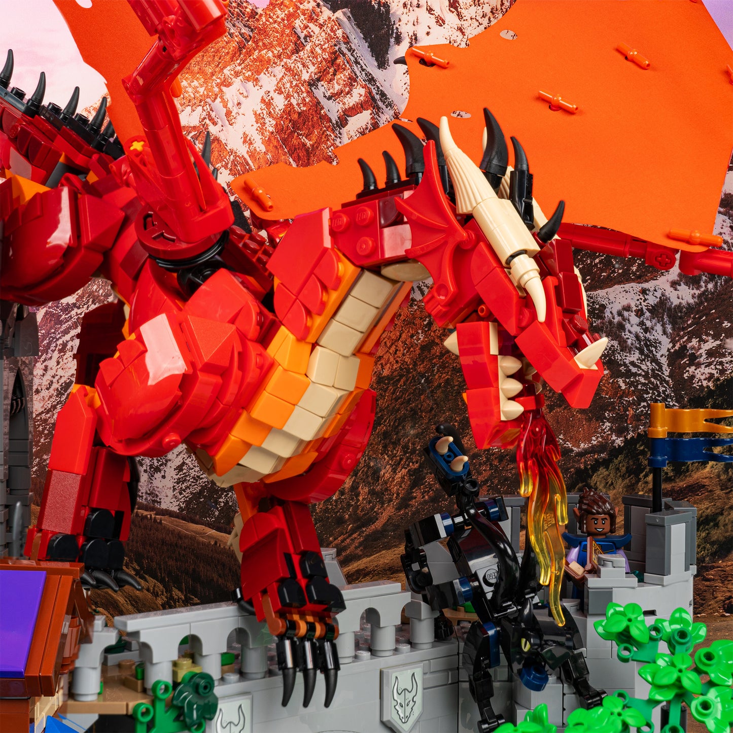 Dragon detail view of LEGO 21348 Dungeons and Dragons Red Dragon's Tale Display Case with a UV printed background.