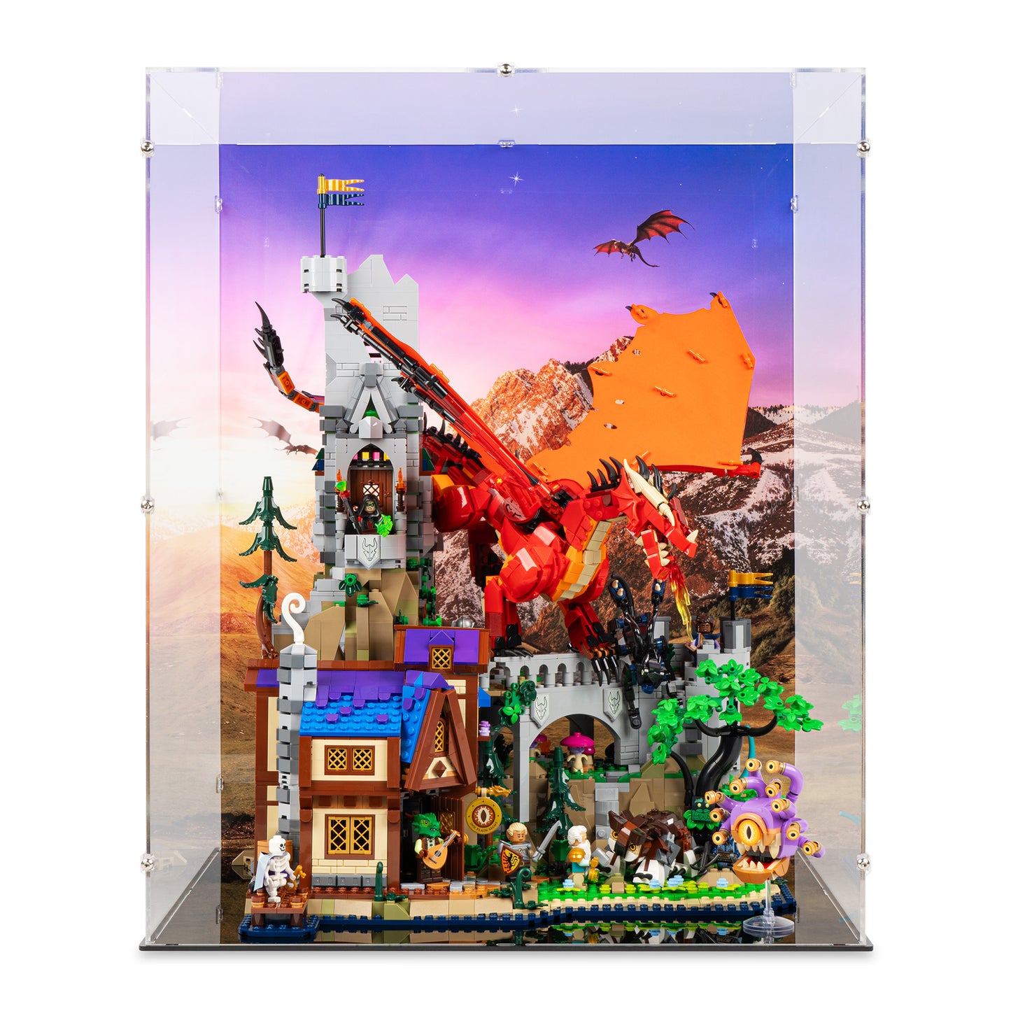 Front view of LEGO 21348 Dungeons and Dragons Red Dragon's Tale Display Case with a UV printed background.