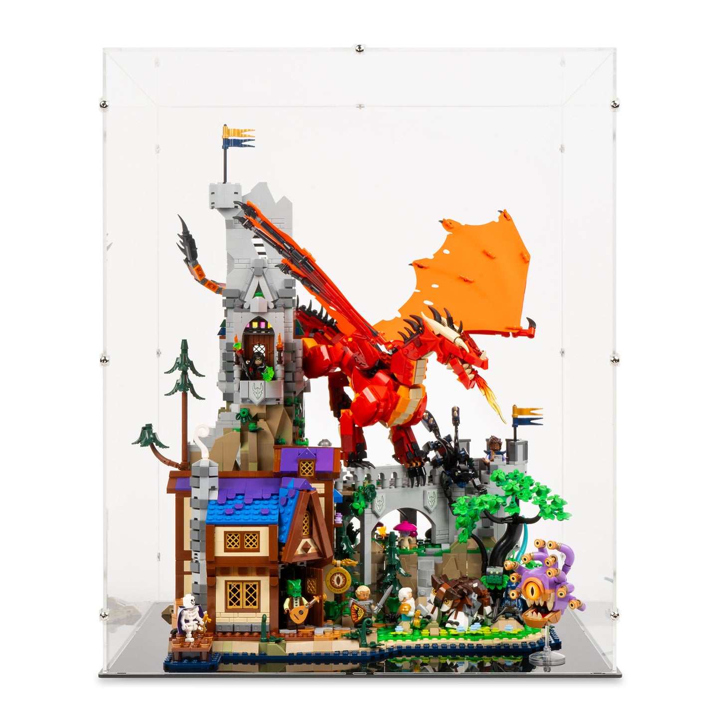 Front view of LEGO 21348 Dungeons and Dragons Red Dragon's Tale Display Case.