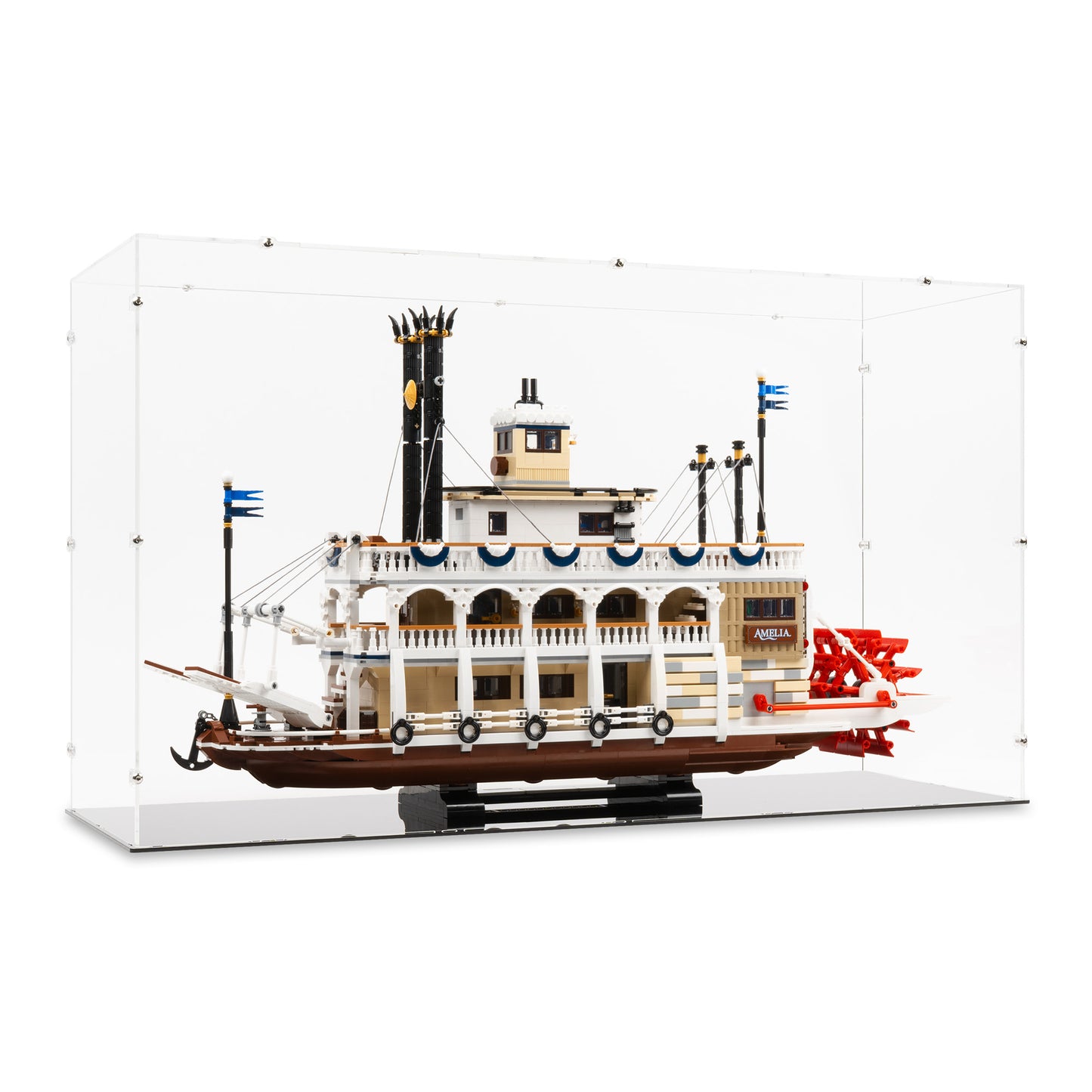 Angled view of LEGO 21356 River Steamboat Display Case.