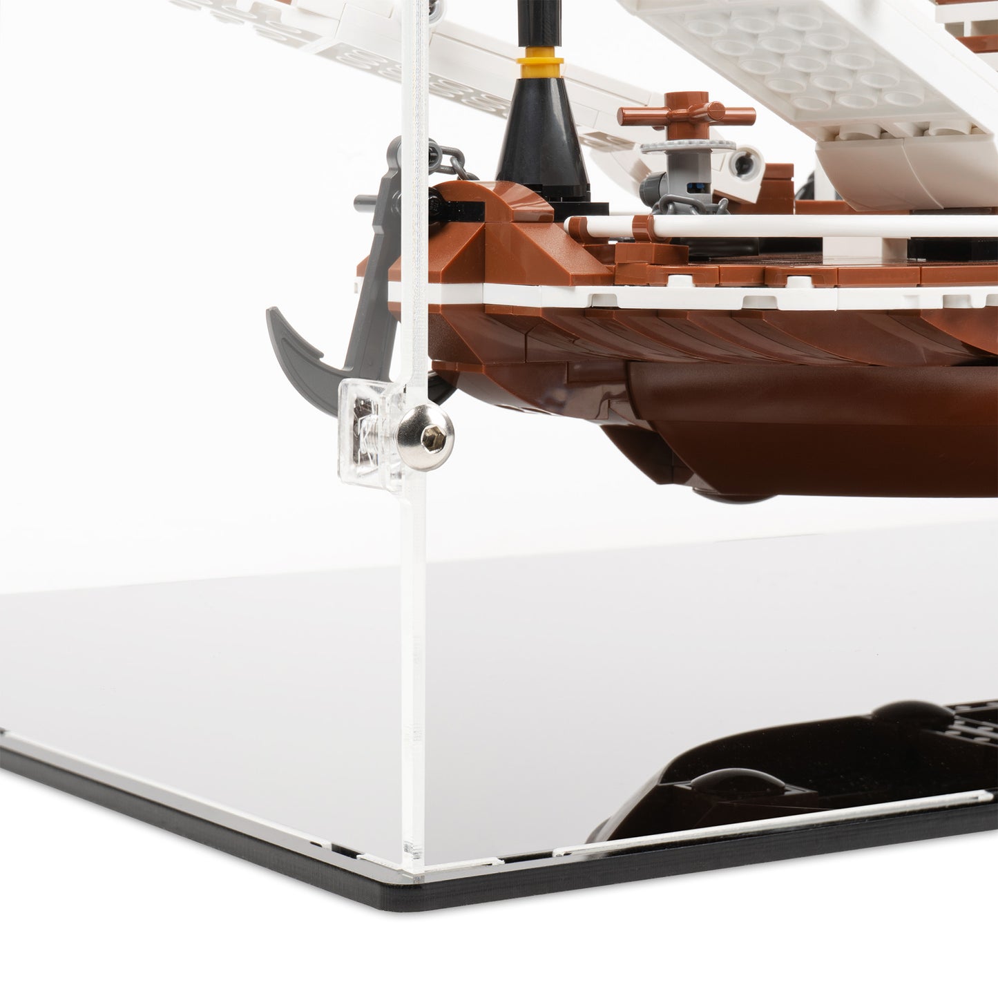 Fitting detail view of LEGO 21356 River Steamboat Display Case.