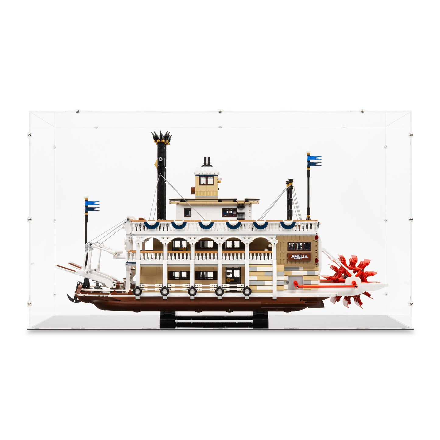 Front view of LEGO 21356 River Steamboat Display Case.