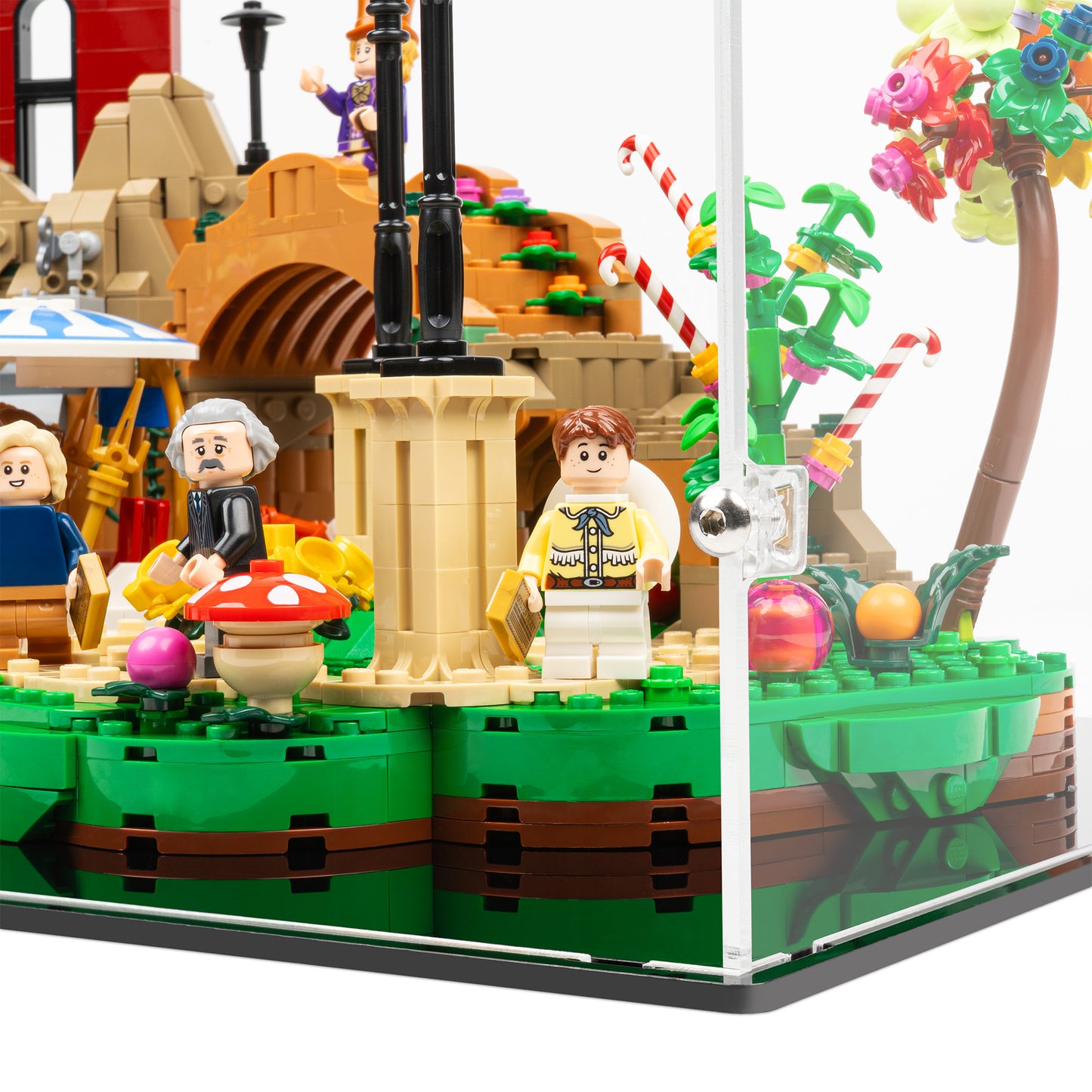 Fitting detail view of LEGO 21360 Willy Wonka and the Chocolate Factory Display Case.