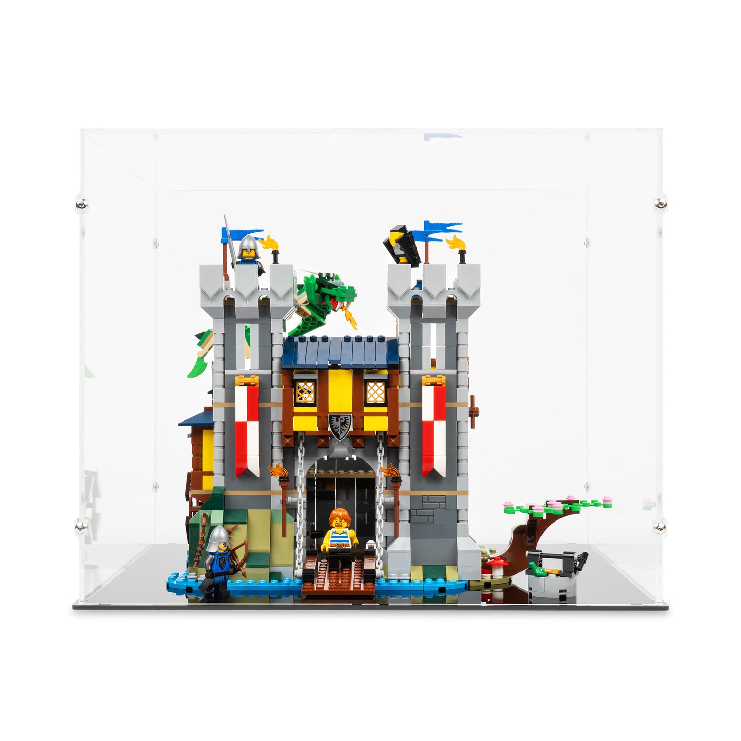 Front view of LEGO 31120 Medieval Castle Display Case.