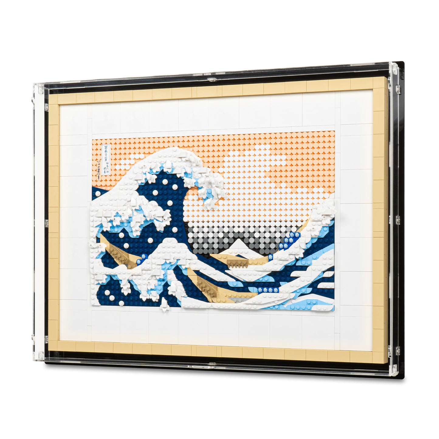 Angled view of LEGO 31208 Hokusai – The Great Wave Wall-Mounted Display Case.