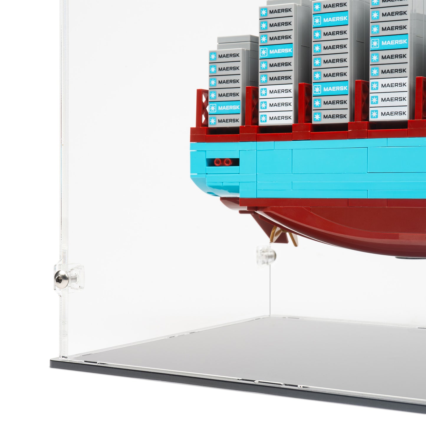 Left fitting detail view of LEGO 40955 Maersk Dual-Fuel Container Vessel Display Case.