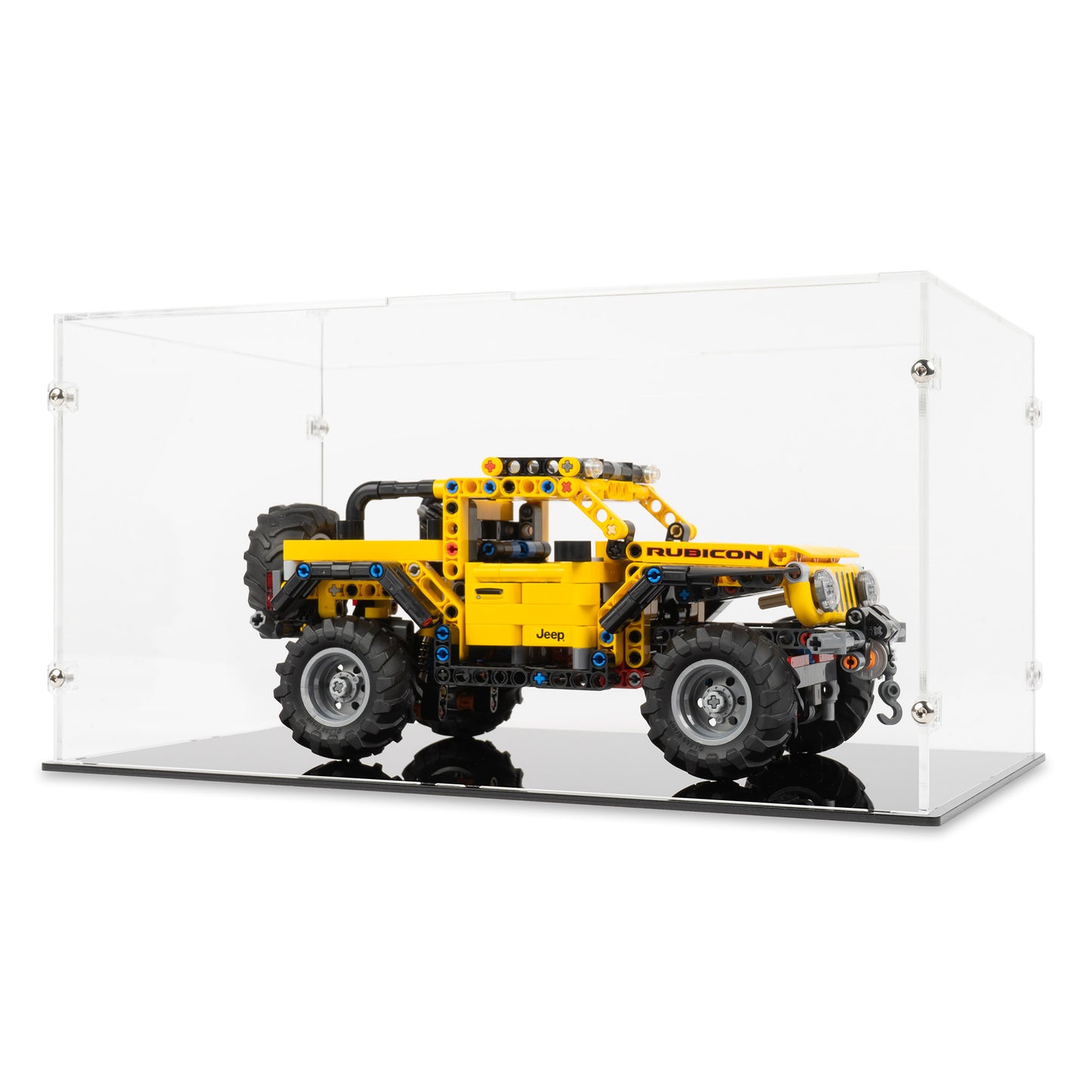 Angled view of LEGO 42122 Jeep Wrangler Display Case.