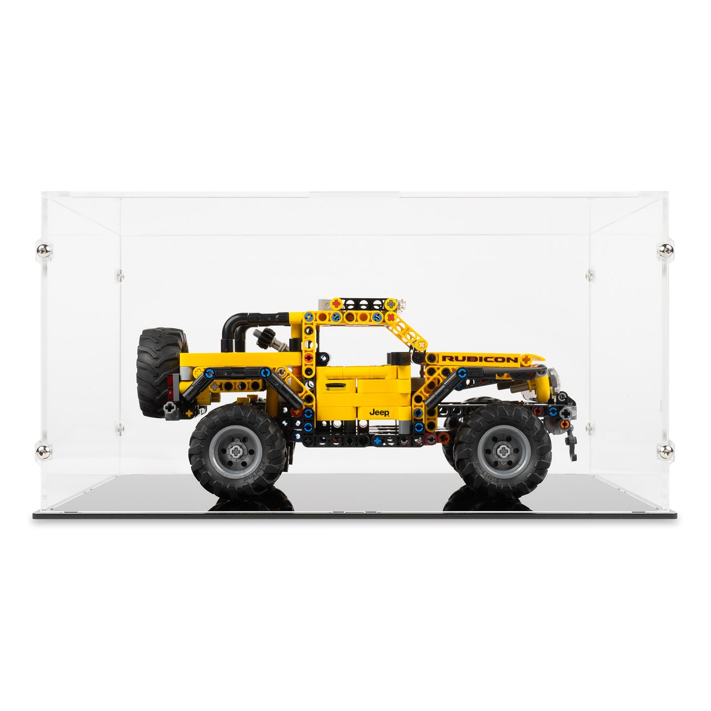 Front view of LEGO 42122 Jeep Wrangler Display Case.