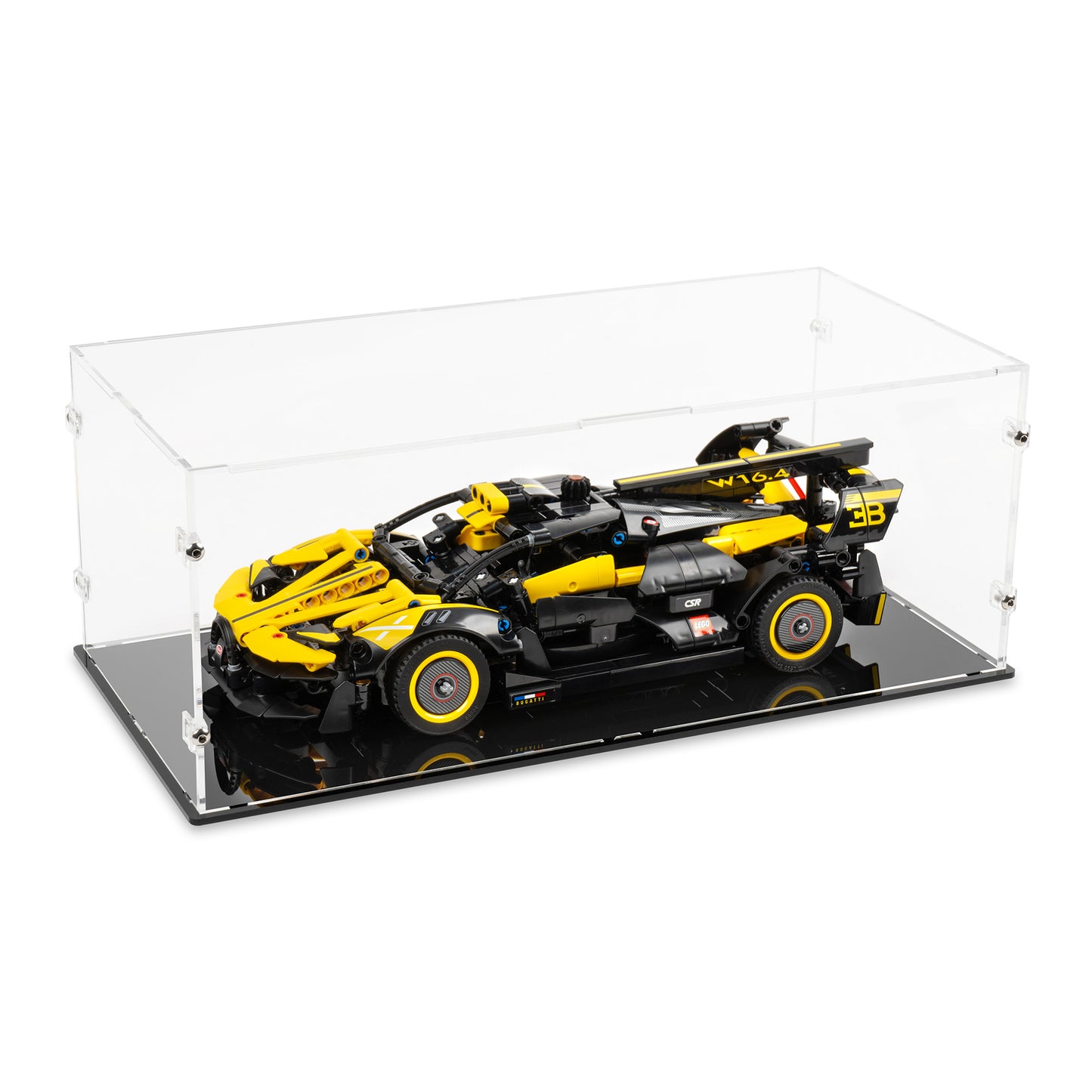 Angled top view of LEGO 42151 Bugatti Bolide Display Case.