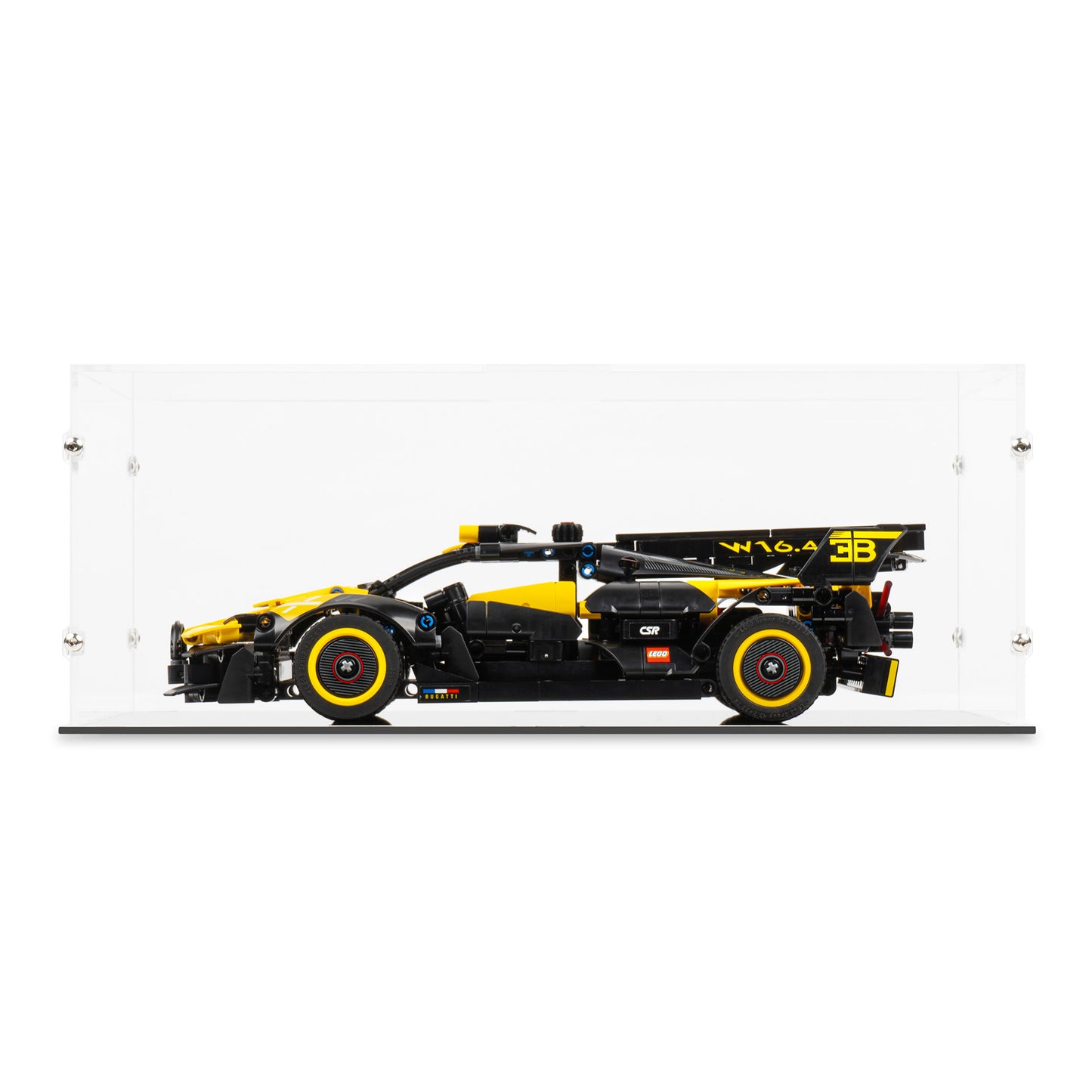 Front view of LEGO 42151 Bugatti Bolide Display Case.
