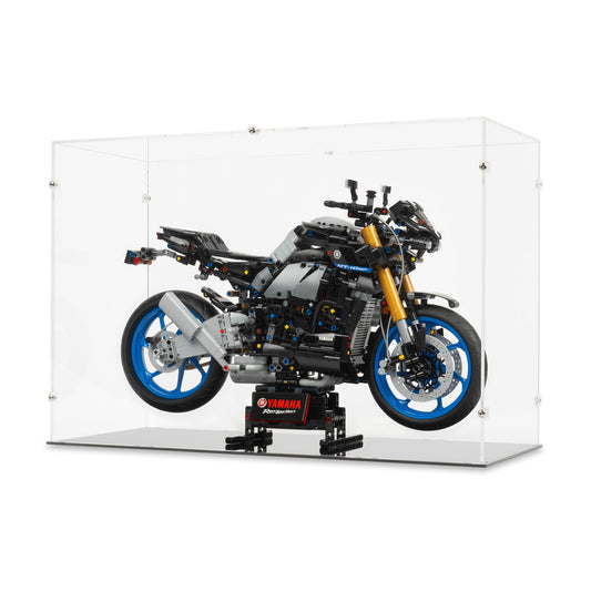Angled view of LEGO 42159 Yamaha MT-10 SP Display Case.