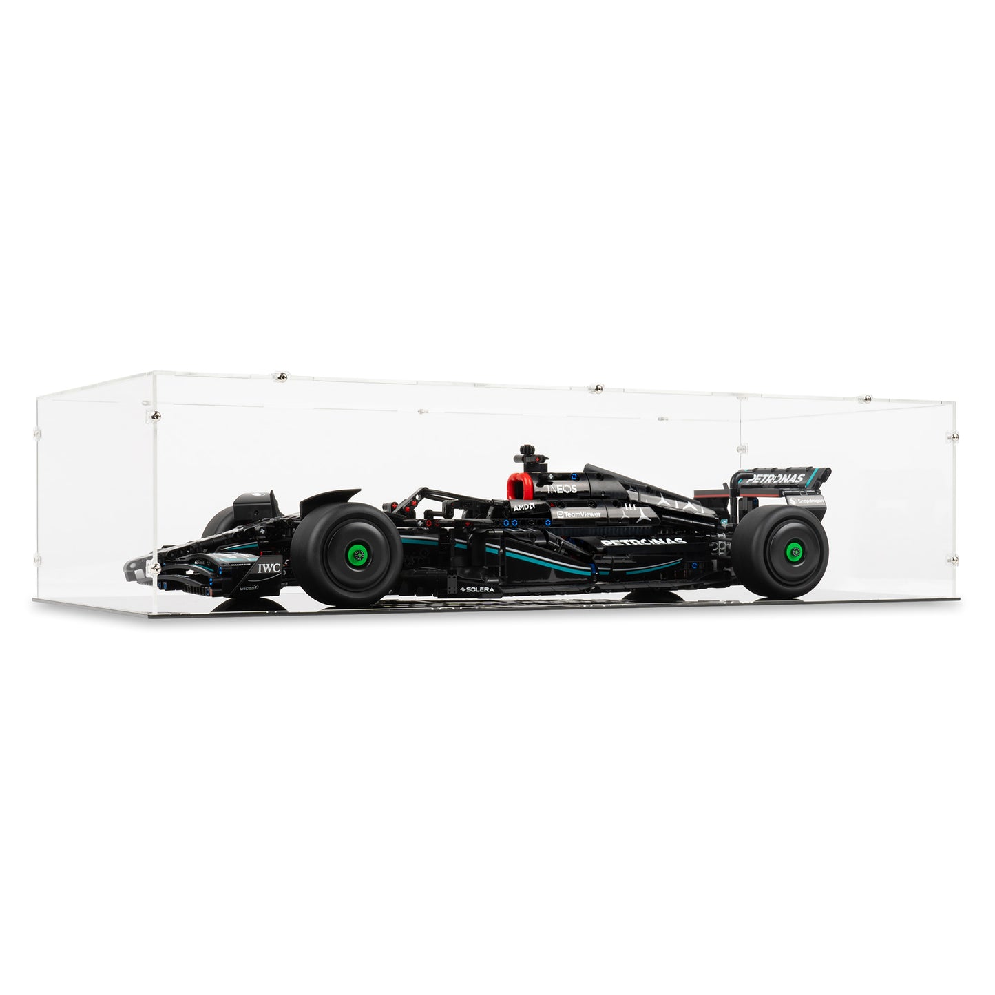 Angled view of LEGO 42171 Mercedes-AMG F1 W14 E Performance Display Case.