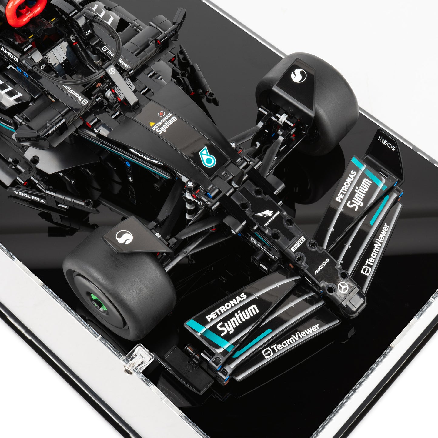 Car detail view of LEGO 42171 Mercedes-AMG F1 W14 E Performance Display Case.
