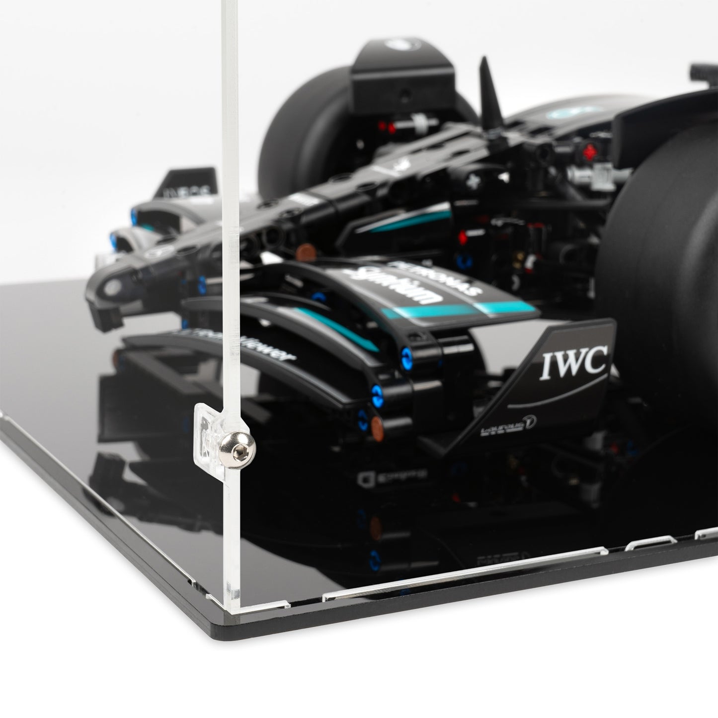 Fitting detail view of LEGO 42171 Mercedes-AMG F1 W14 E Performance Display Case.