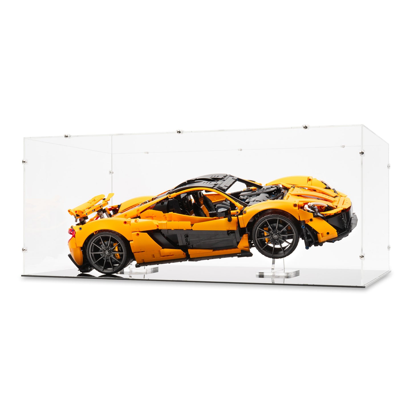 Angled view of LEGO 42172 McLaren P1 Display Case and Stand.