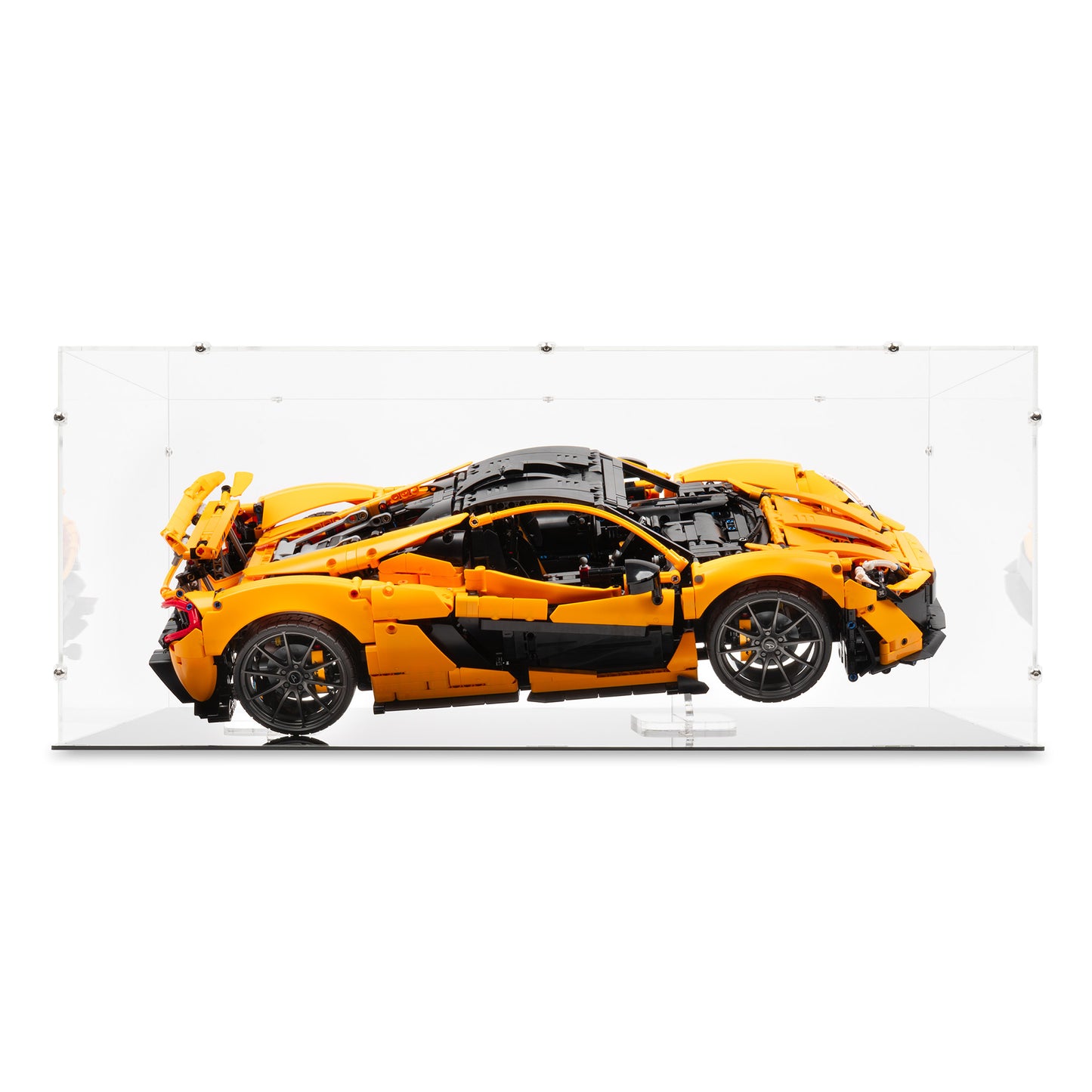 Front view of LEGO 42172 McLaren P1 Display Case and Stand.