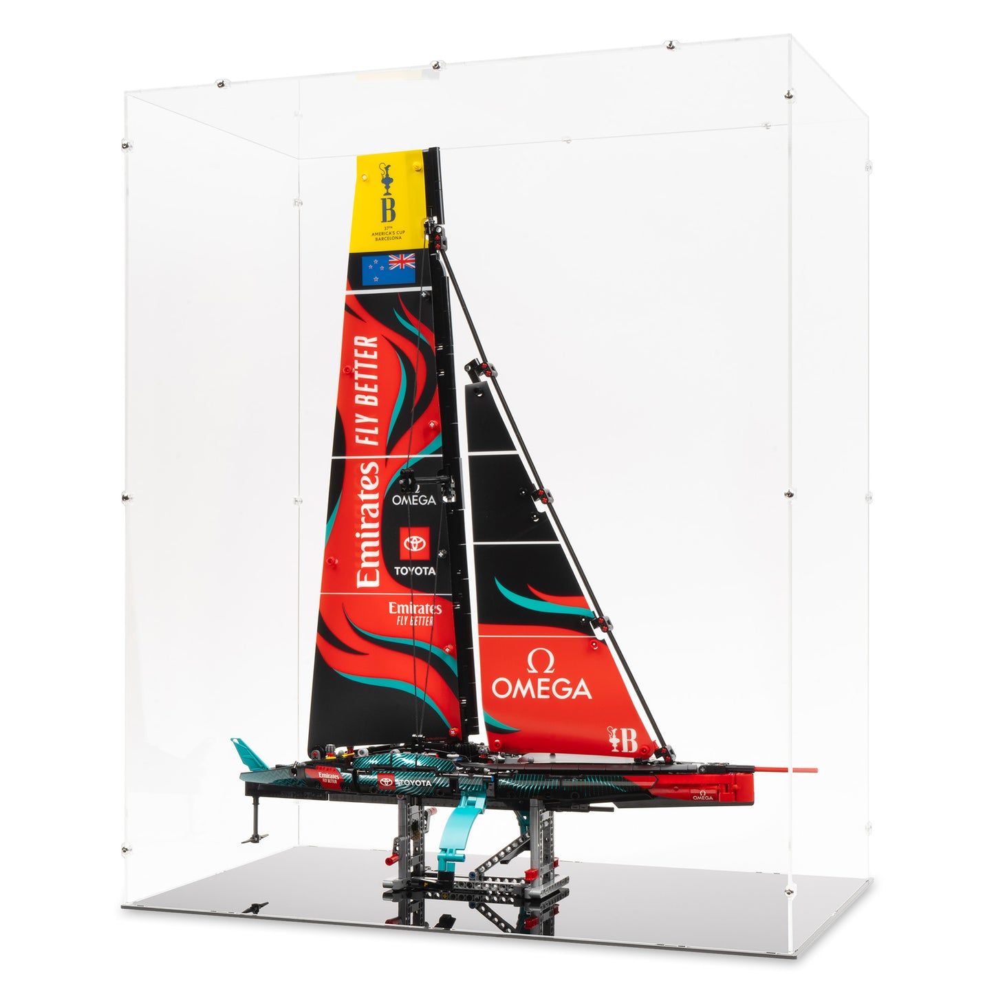 Angled view of LEGO 42174 Emirates Team New Zealand AC75 Yacht Display Case.