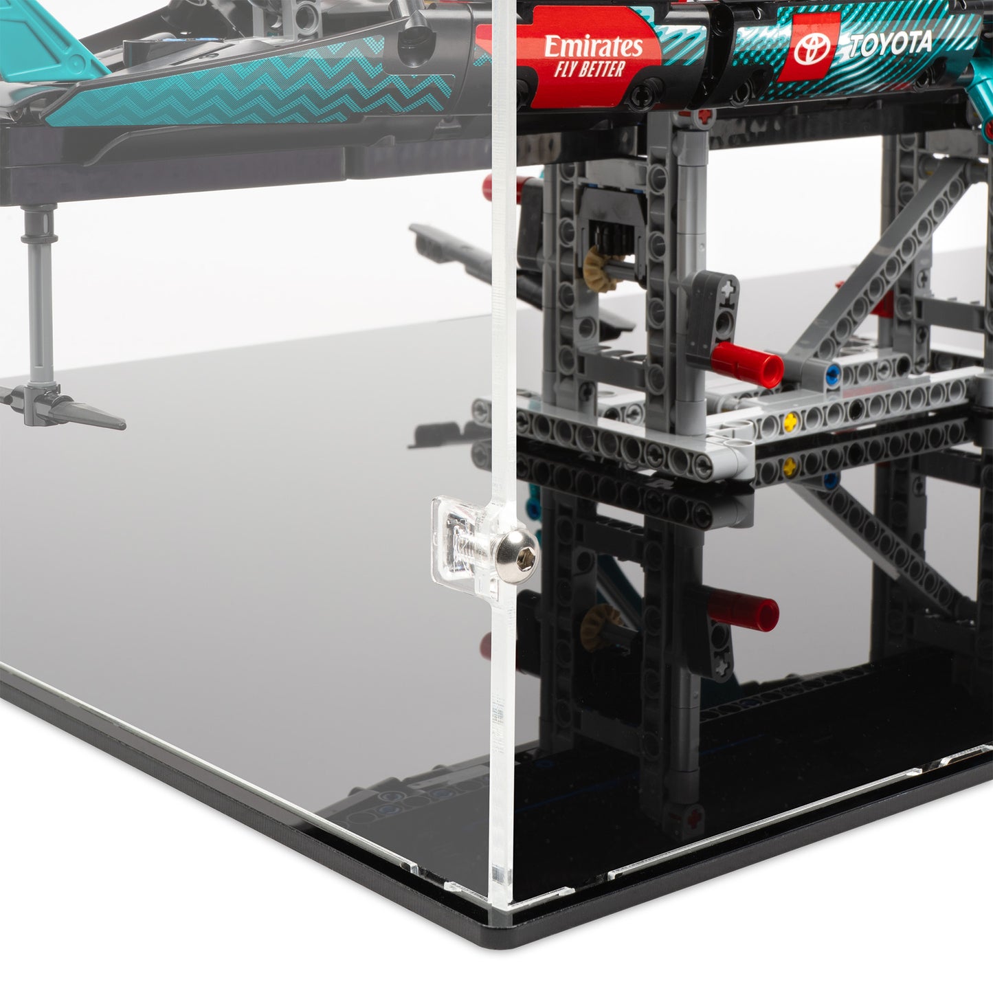 Fitting detail view of LEGO 42174 Emirates Team New Zealand AC75 Yacht Display Case.