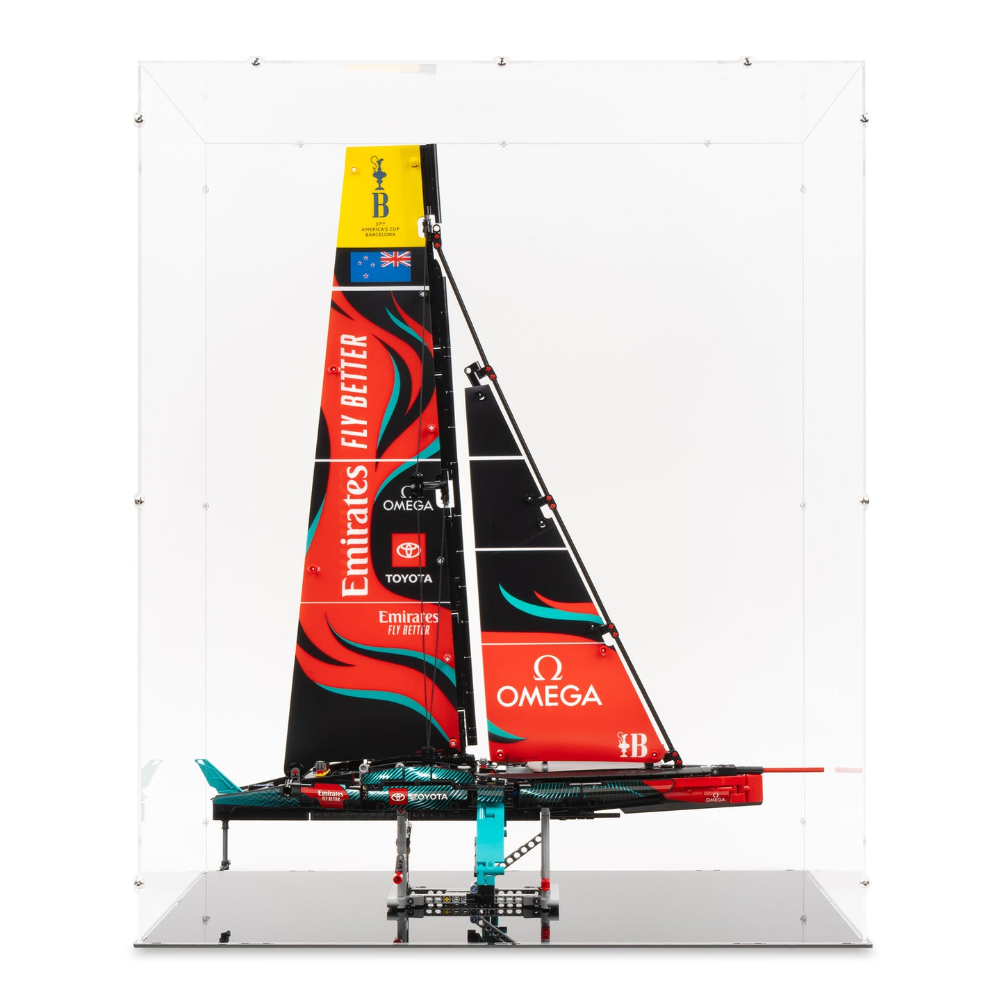 Front view of LEGO 42174 Emirates Team New Zealand AC75 Yacht Display Case.