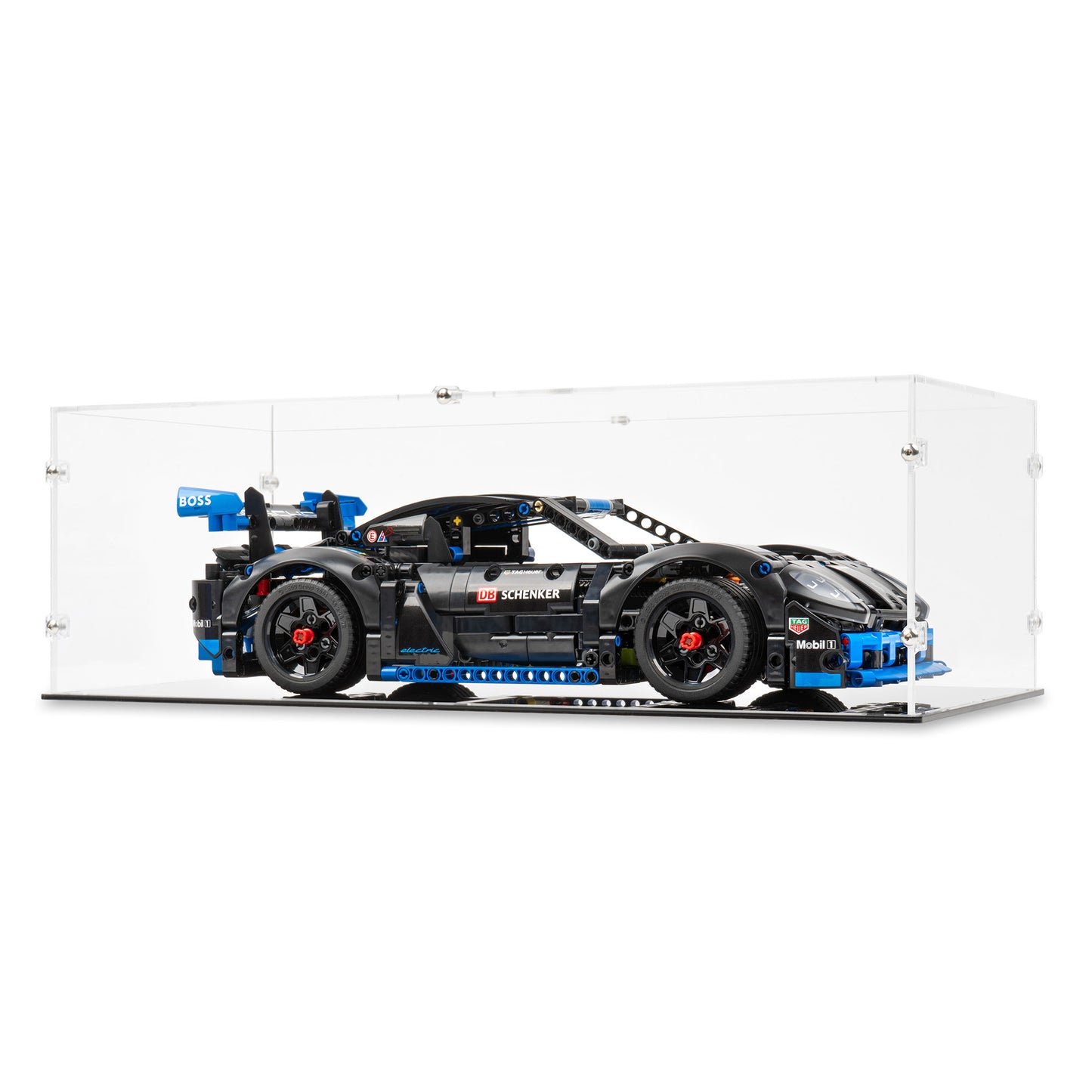 Angled view of LEGO 42176 Porsche GT4 e-Performance Race Car Display Case.