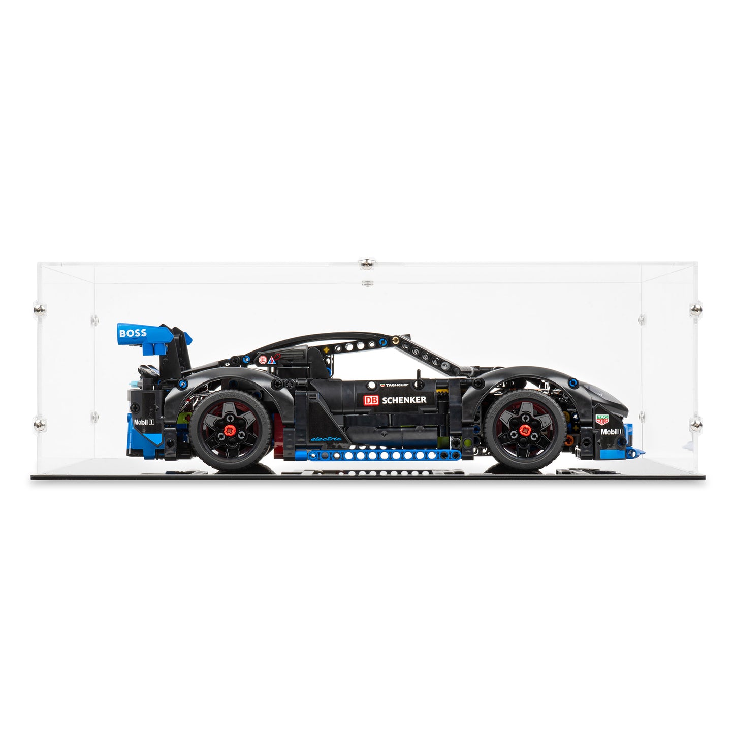 Front view of LEGO 42176 Porsche GT4 e-Performance Race Car Display Case.