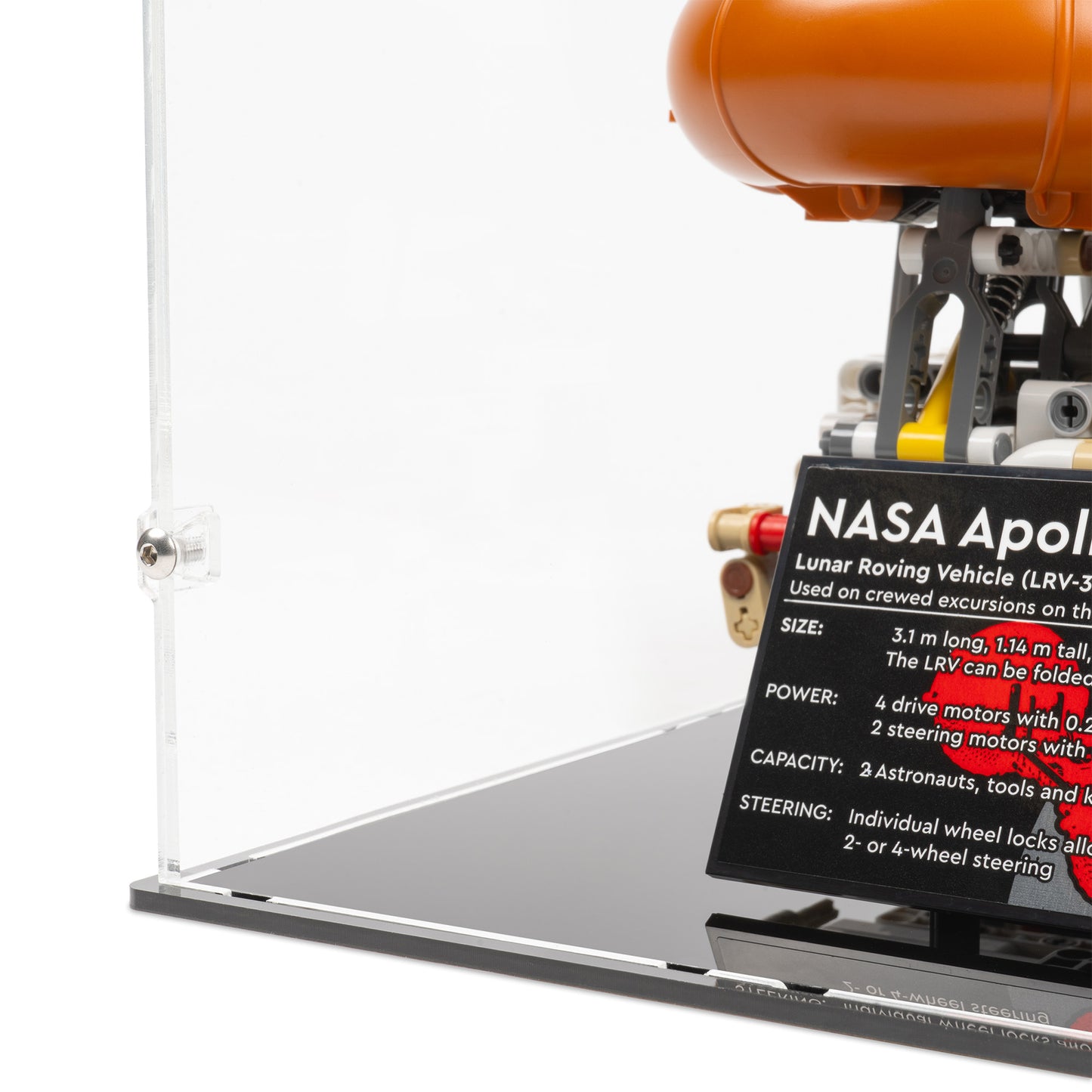 Fitting detail view of LEGO 42182 NASA Apollo Lunar Roving Vehicle LRV Components Display Case.