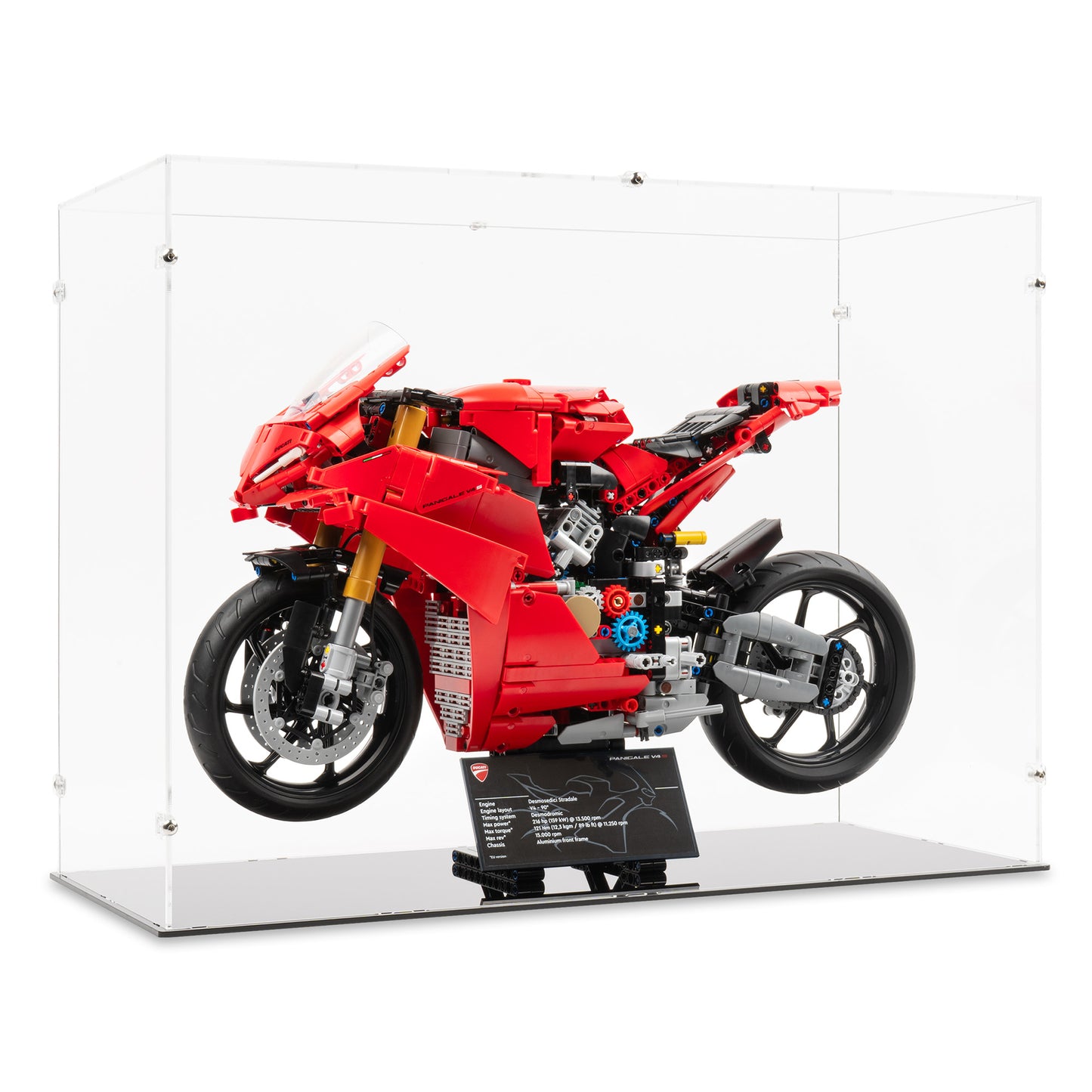 Angled view of LEGO 42202 Ducati Panigale V4 S Motorcycle Display Case.