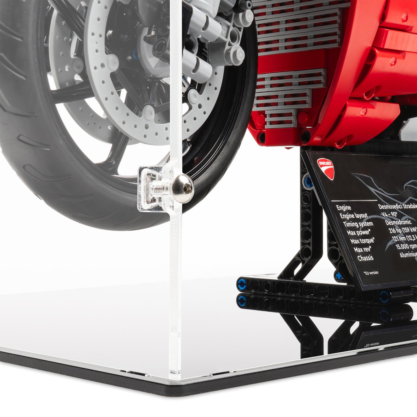 Fitting detail view of LEGO 42202 Ducati Panigale V4 S Motorcycle Display Case.