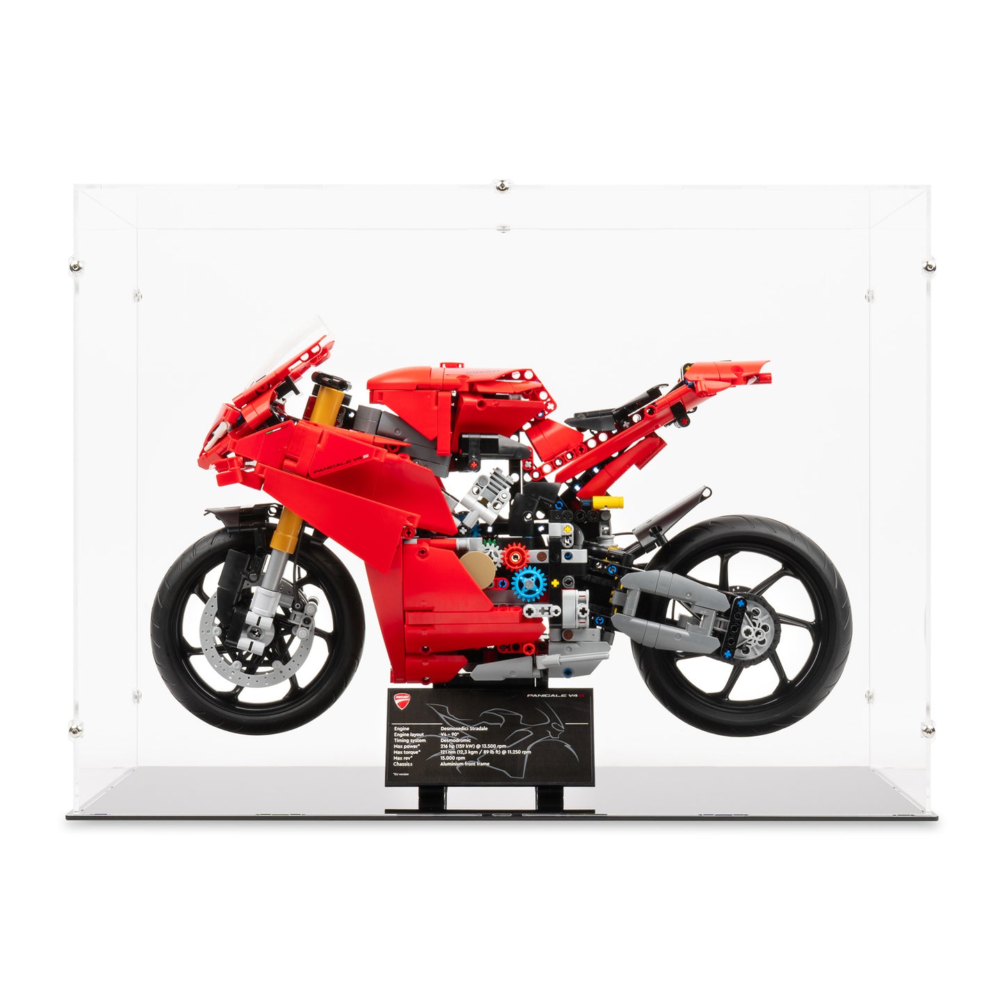 Front view of LEGO 42202 Ducati Panigale V4 S Motorcycle Display Case.