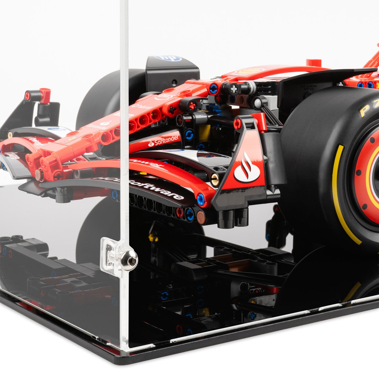 Fitting detail view of LEGO 42207 Ferrari SF-24 F1 Car Display Case.
