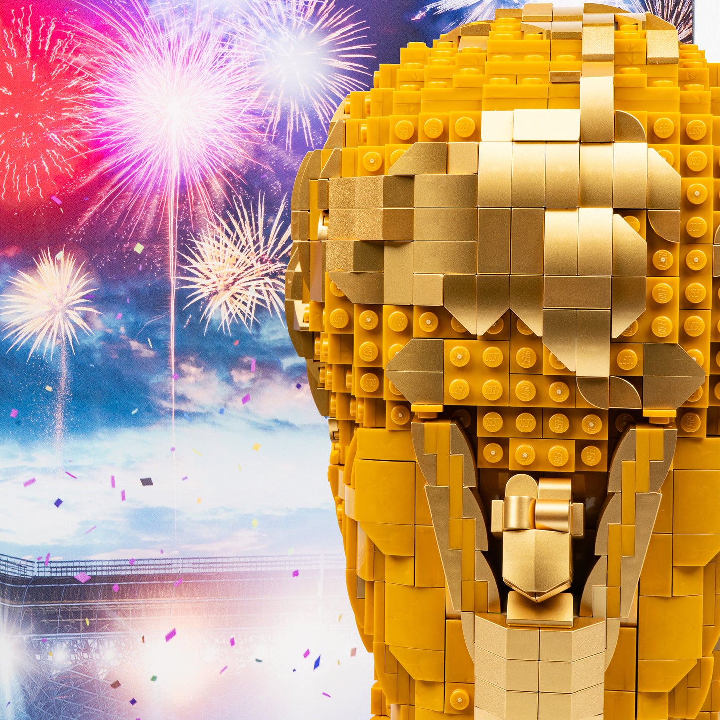 Fireworks detail view of LEGO 43020 FIFA World Cup Official Trophy Display Case with a UV printed background.
