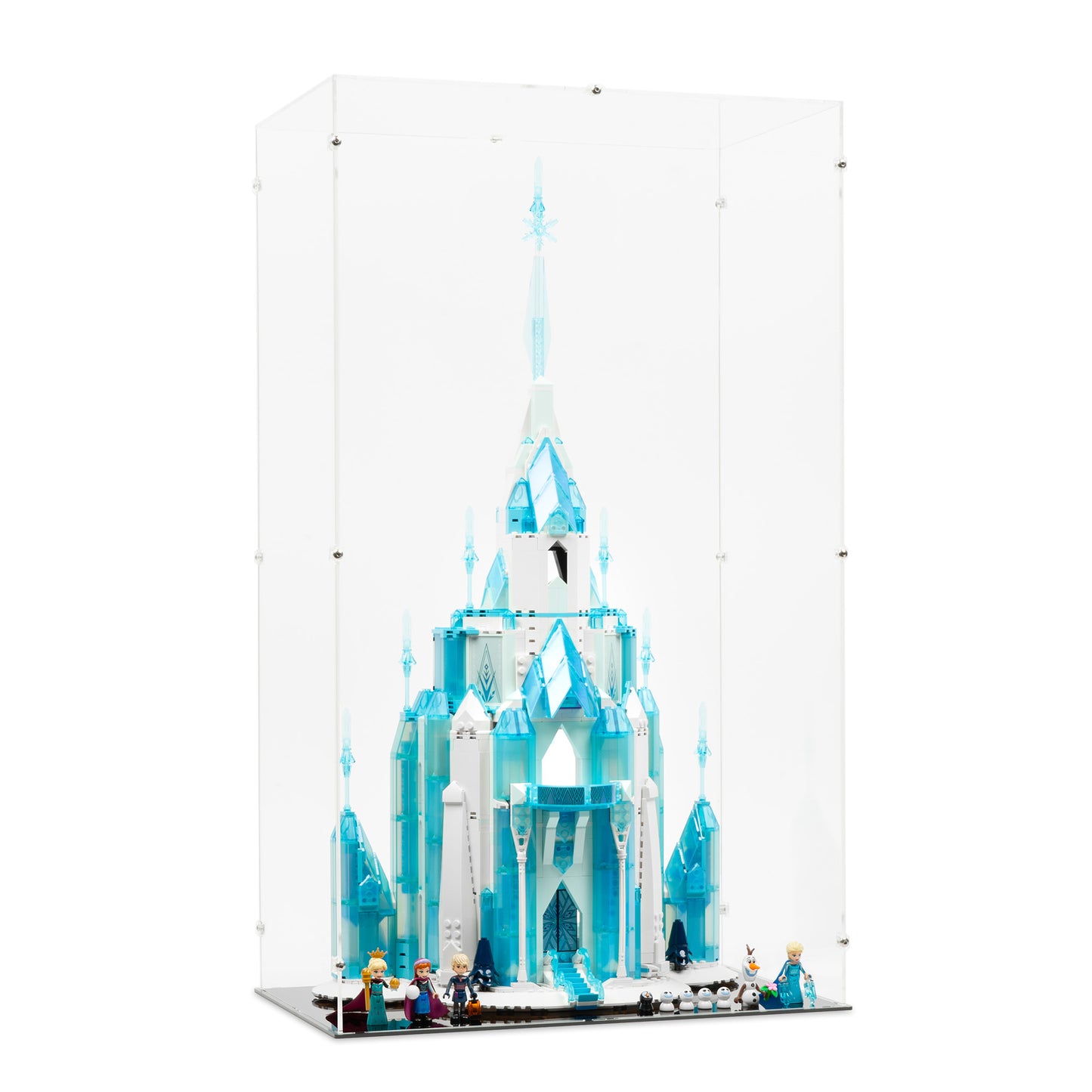 Angled view of LEGO 43197 The Ice Castle Display Case with a black base.