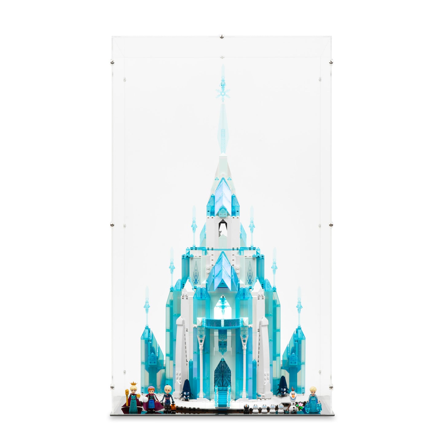 Front view of LEGO 43197 The Ice Castle Display Case with a black base.