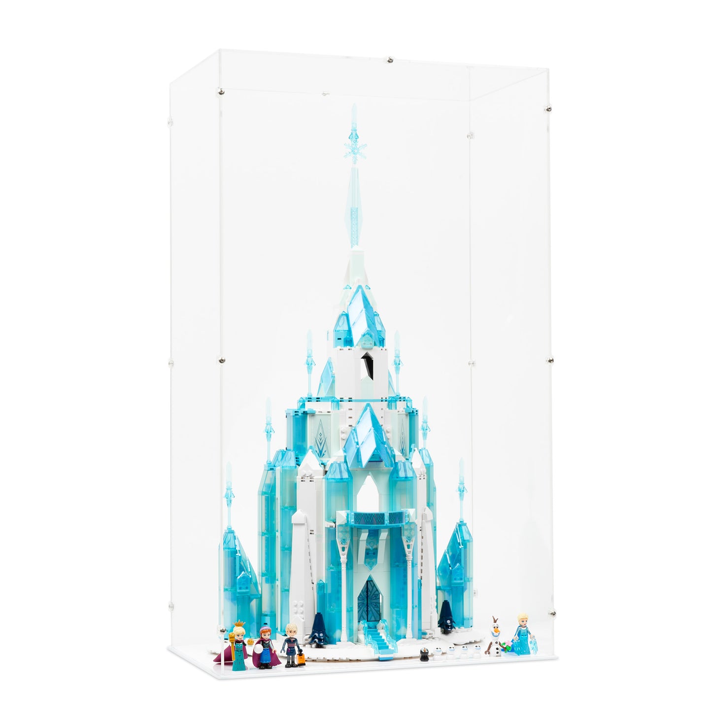Angled view of LEGO 43197 The Ice Castle Display Case with a white base.