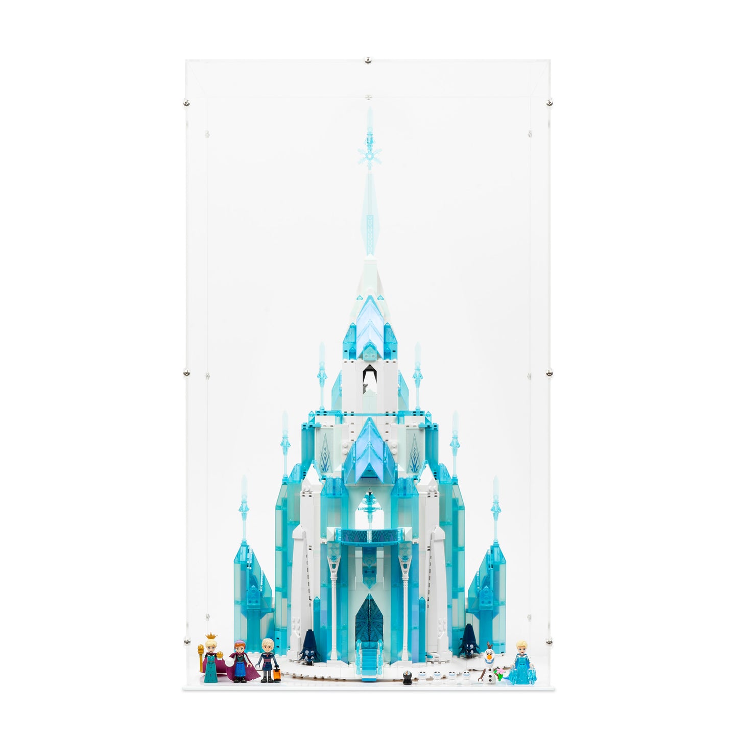 Front view of LEGO 43197 The Ice Castle Display Case with a white base.