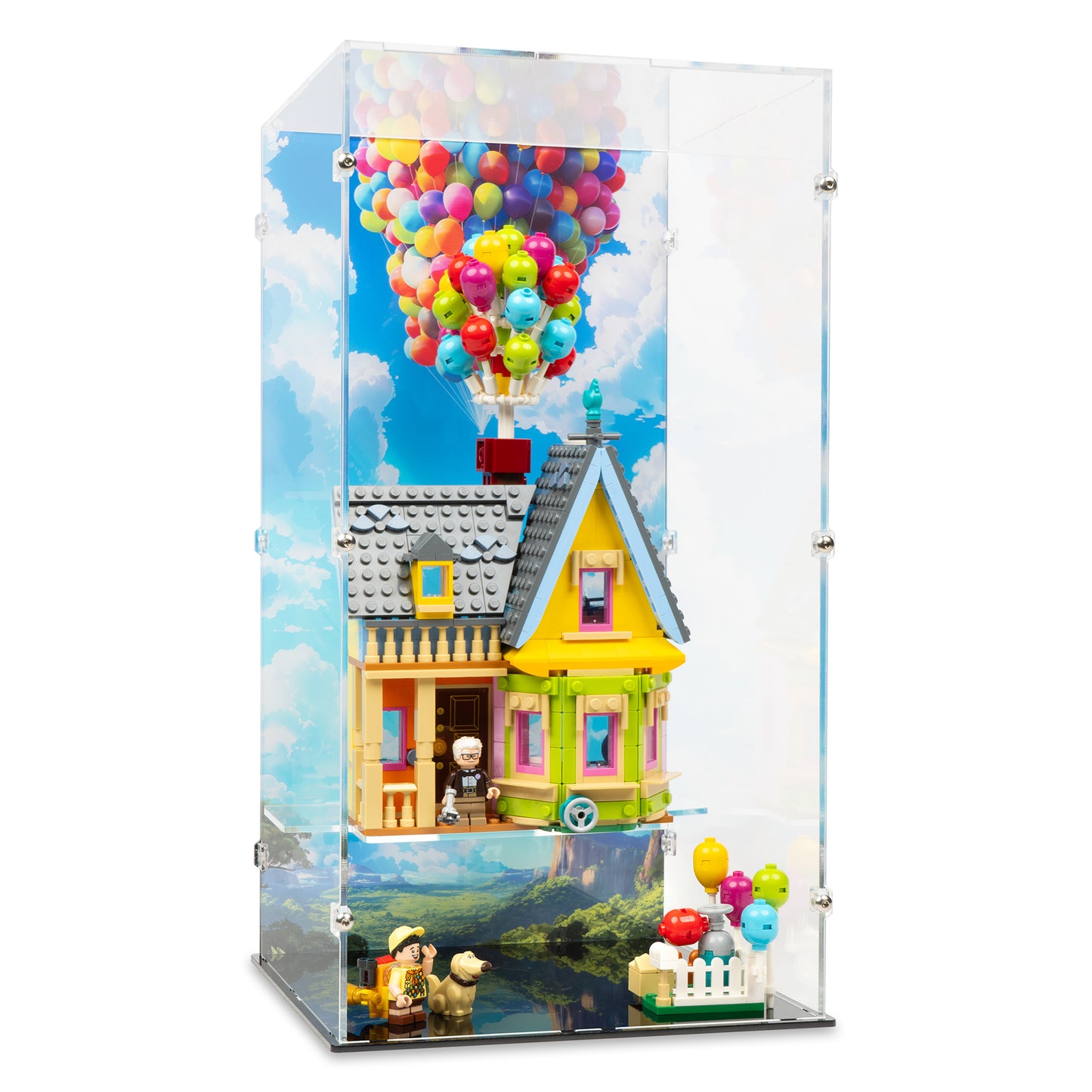 Angled view of LEGO 43217 Up House Floating Display Case with a UV printed background.