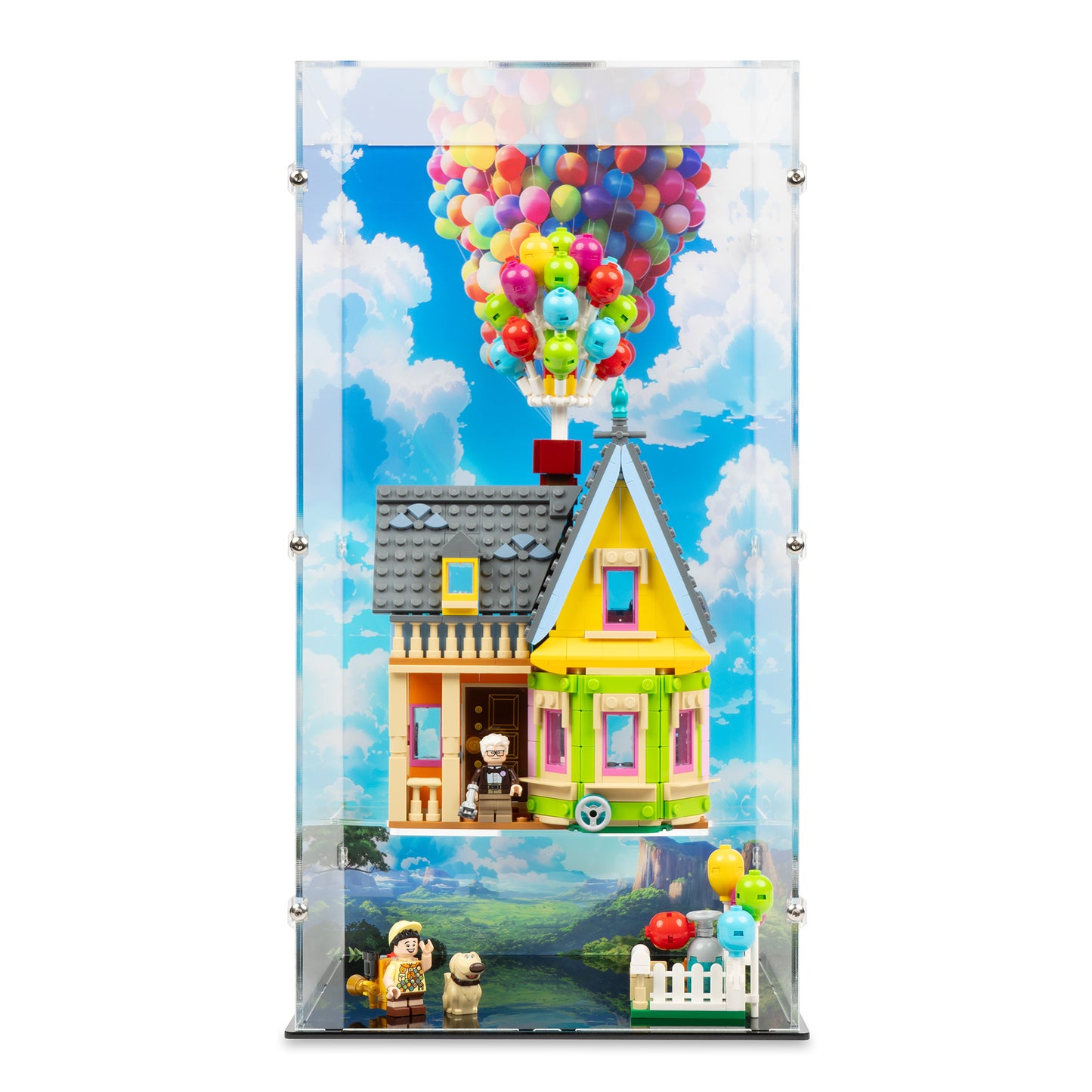 Front view of LEGO 43217 Up House Floating Display Case with a UV printed background.