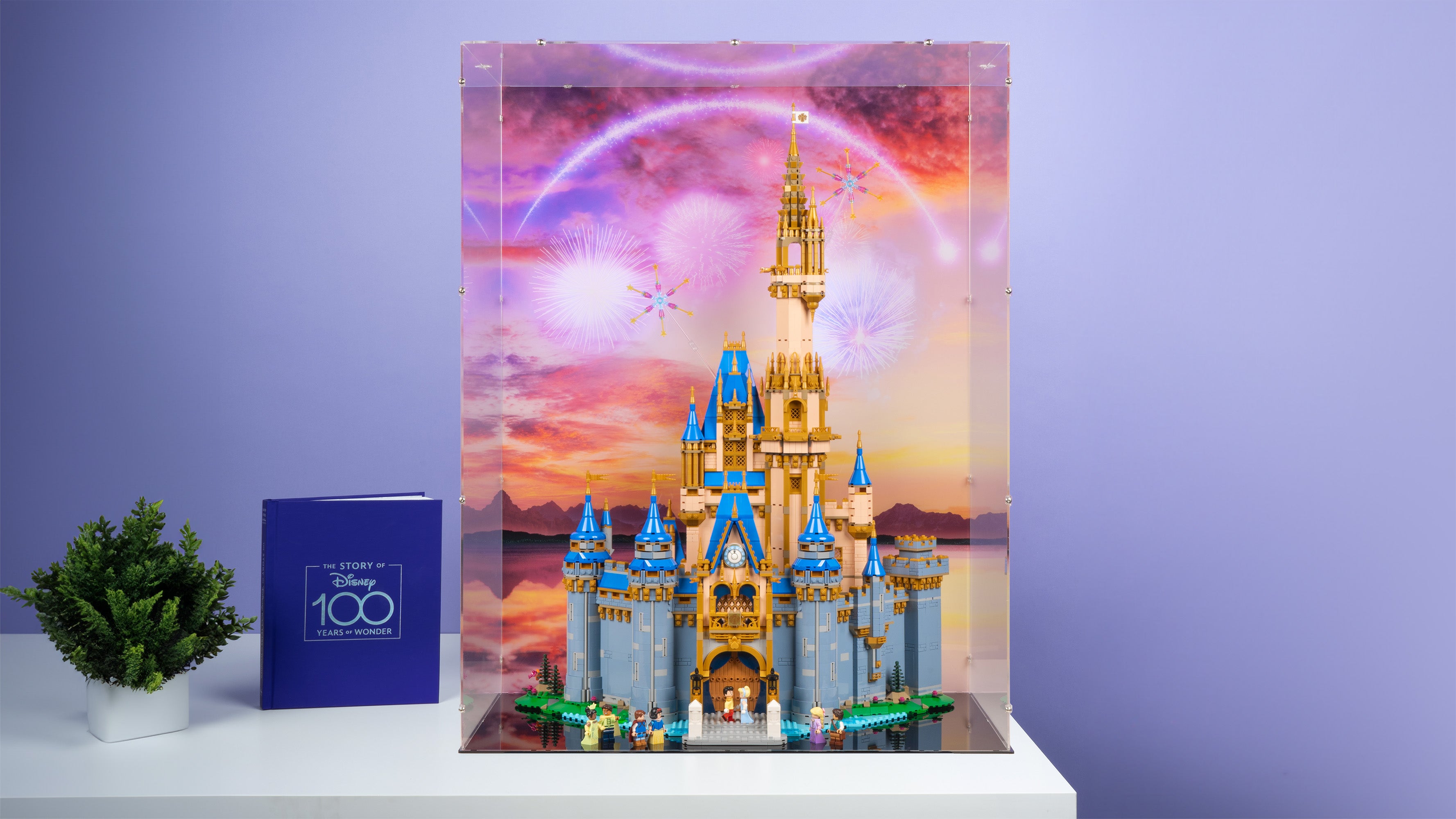 LEGO 43222 Disney Castle Display Case with a UV printed background.