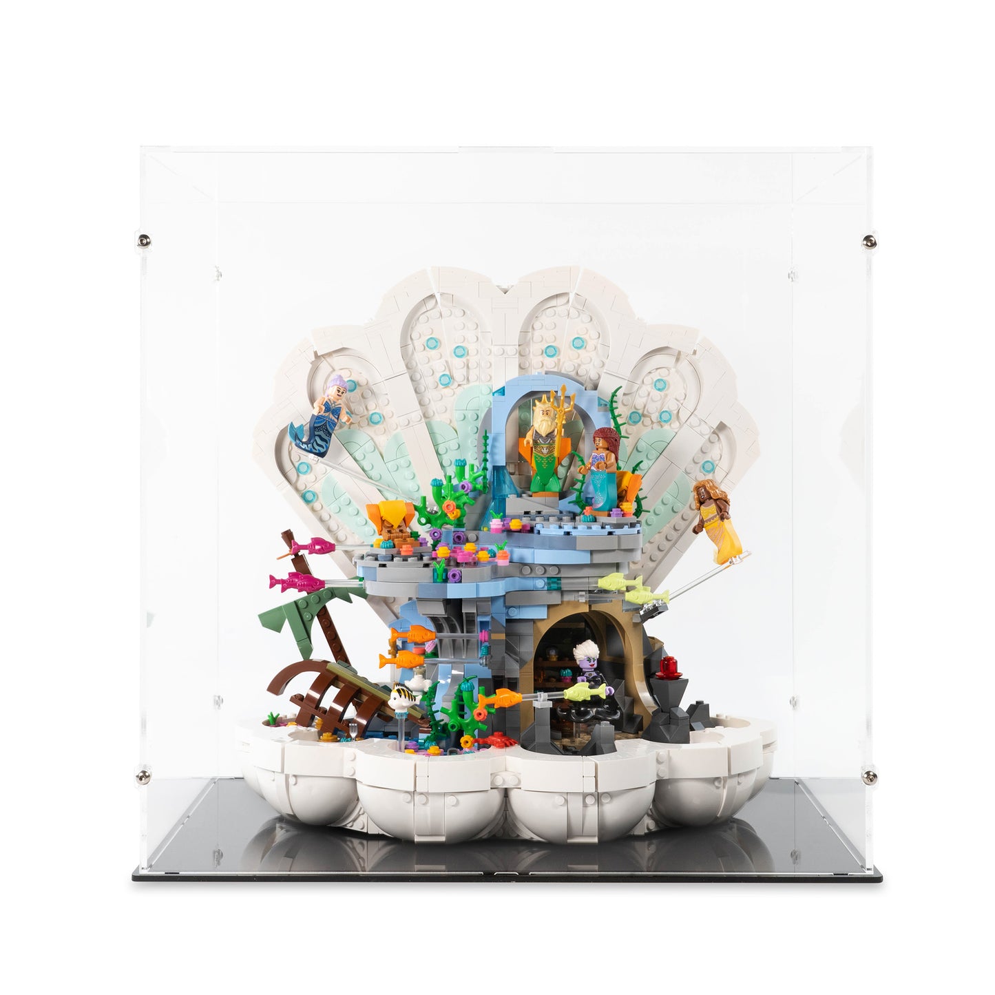 Front view of LEGO 43225 The Little Mermaid Royal Clamshell Display Case.