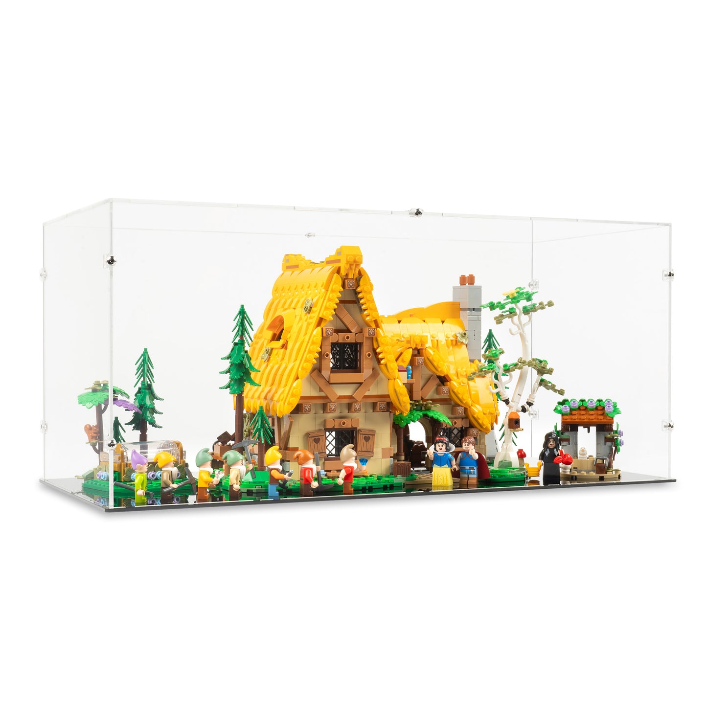 Angled view of LEGO 43242 Snow White and the Seven Dwarfs' Cottage Display Case.