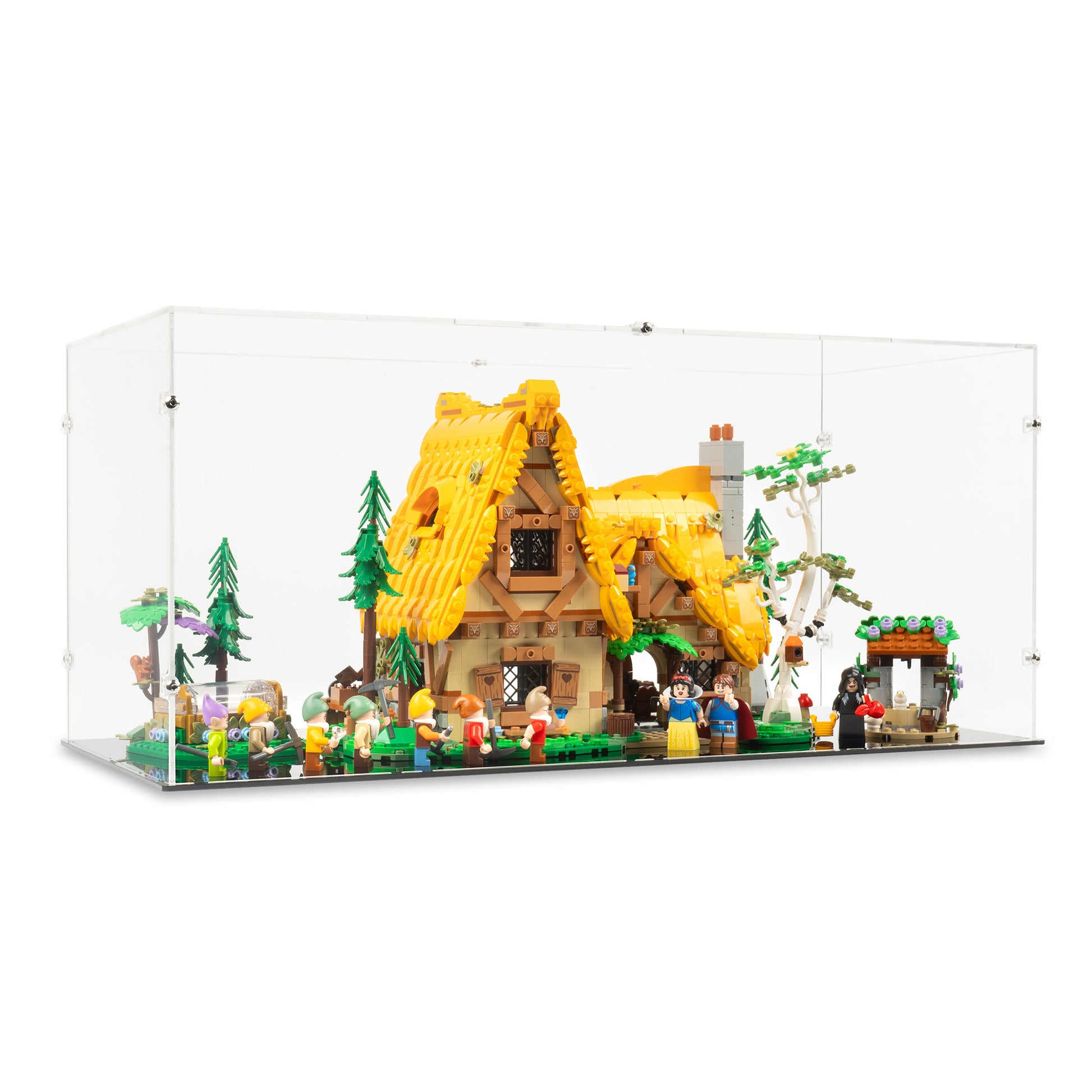 Angled view of LEGO 43242 Snow White and the Seven Dwarfs' Cottage Display Case.
