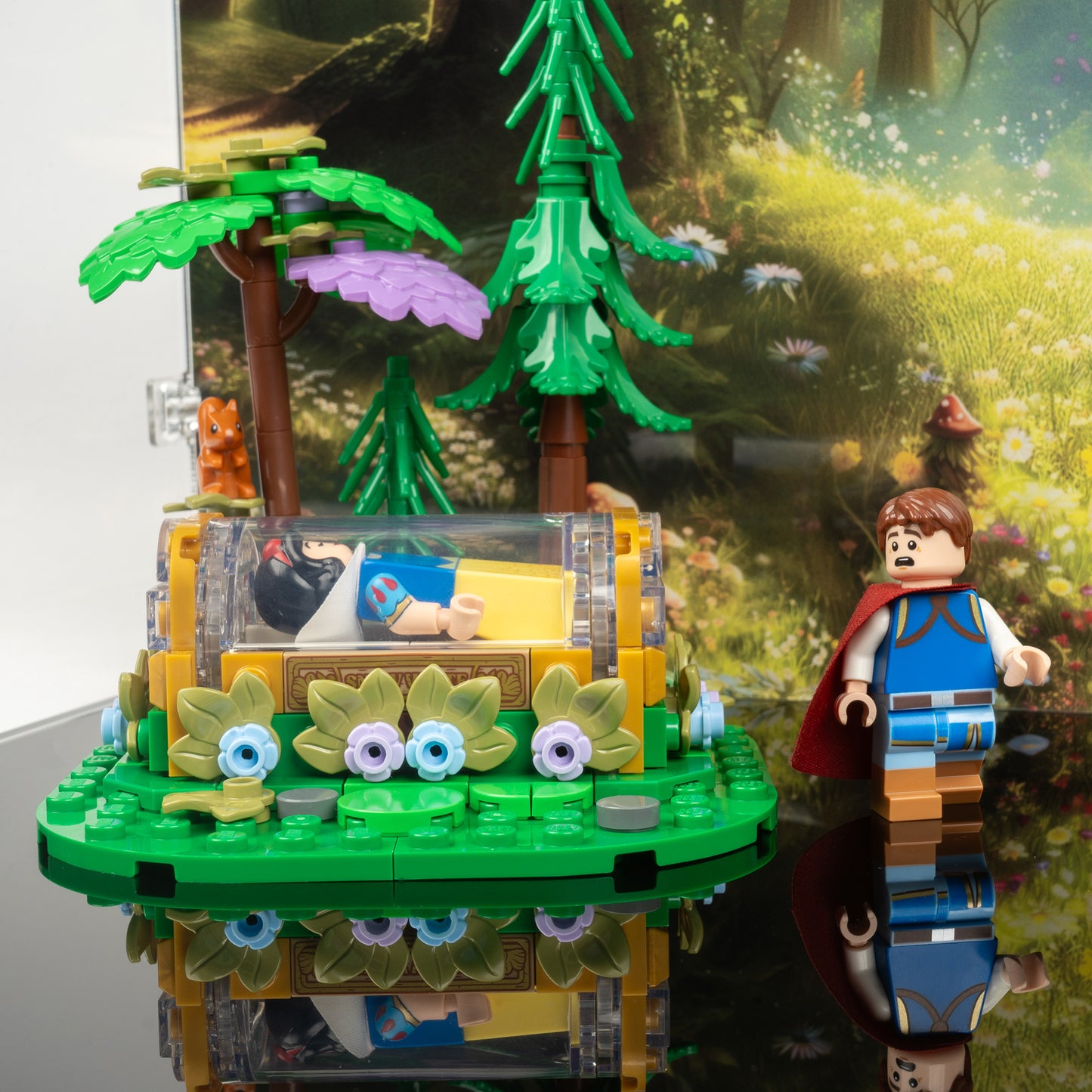 Bed detail view of LEGO 43242 Snow White and the Seven Dwarfs' Cottage Display Case with a UV printed background.