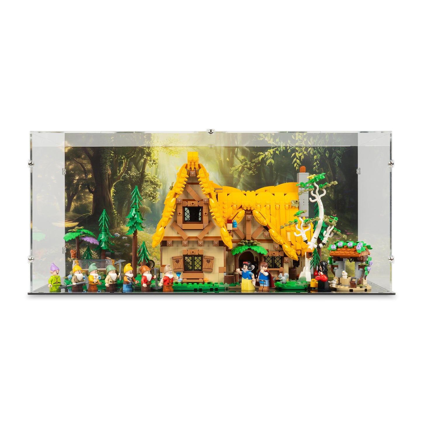 Front view of LEGO 43242 Snow White and the Seven Dwarfs' Cottage Display Case with a UV printed background.