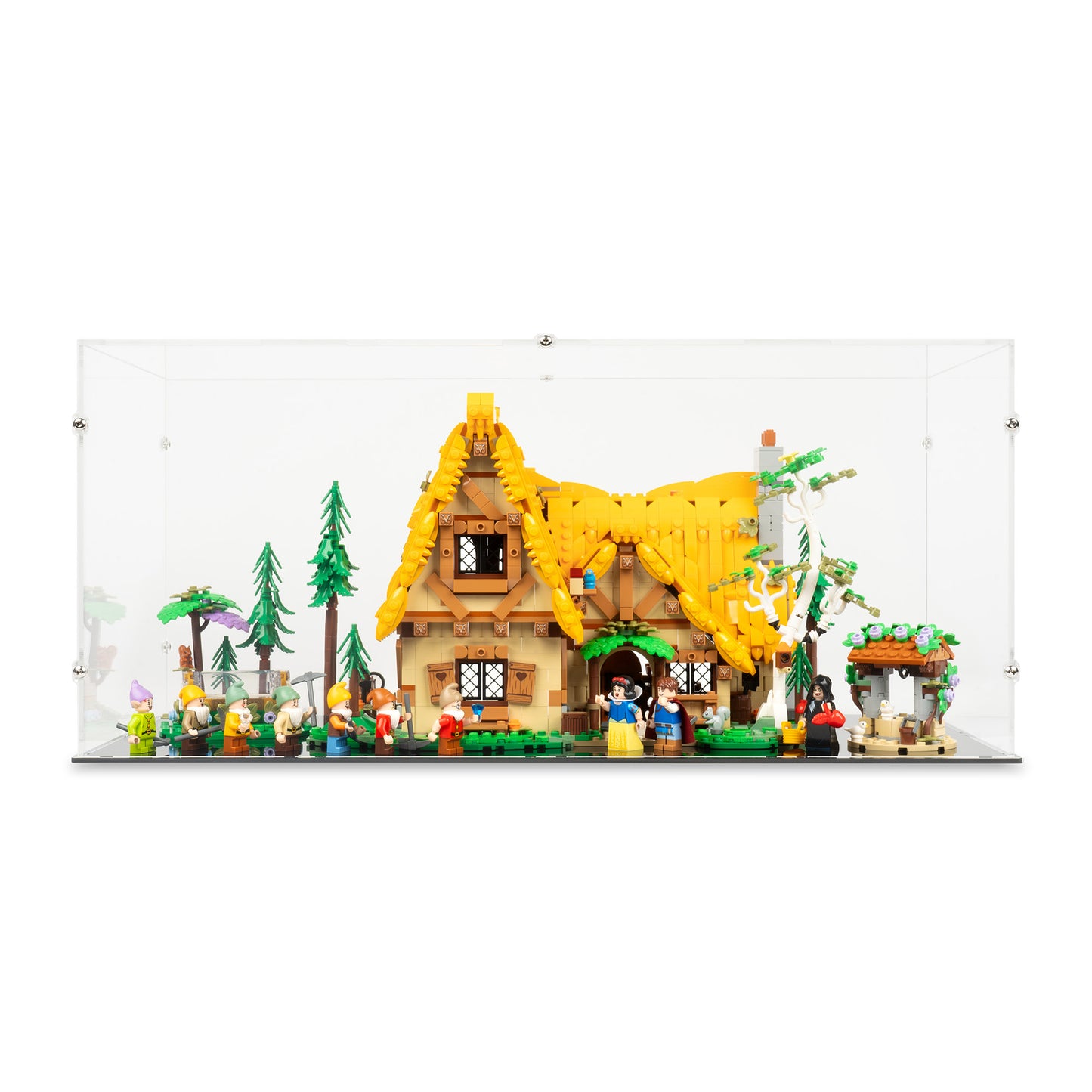 Front view of LEGO 43242 Snow White and the Seven Dwarfs' Cottage Display Case.