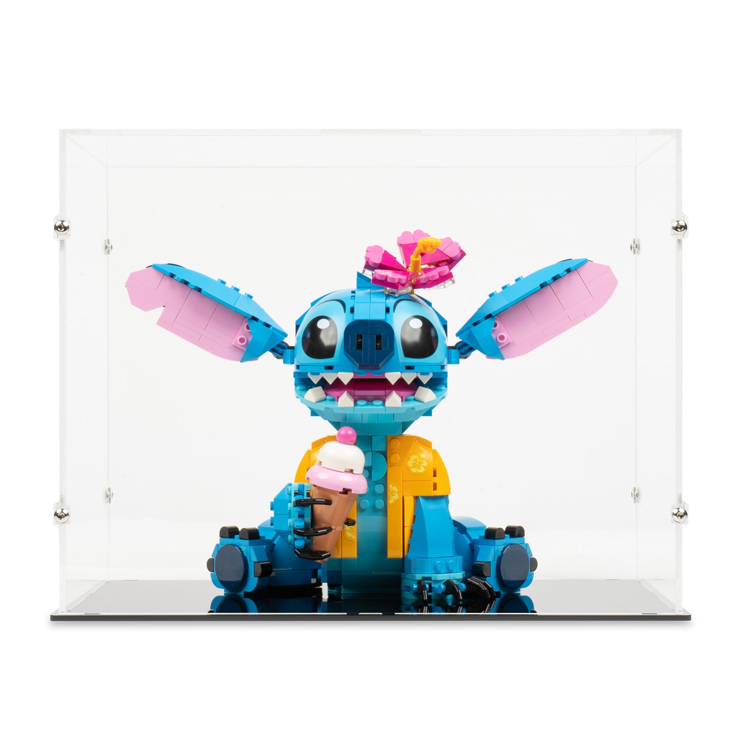 Front view of LEGO 43249 Stitch Display Case.