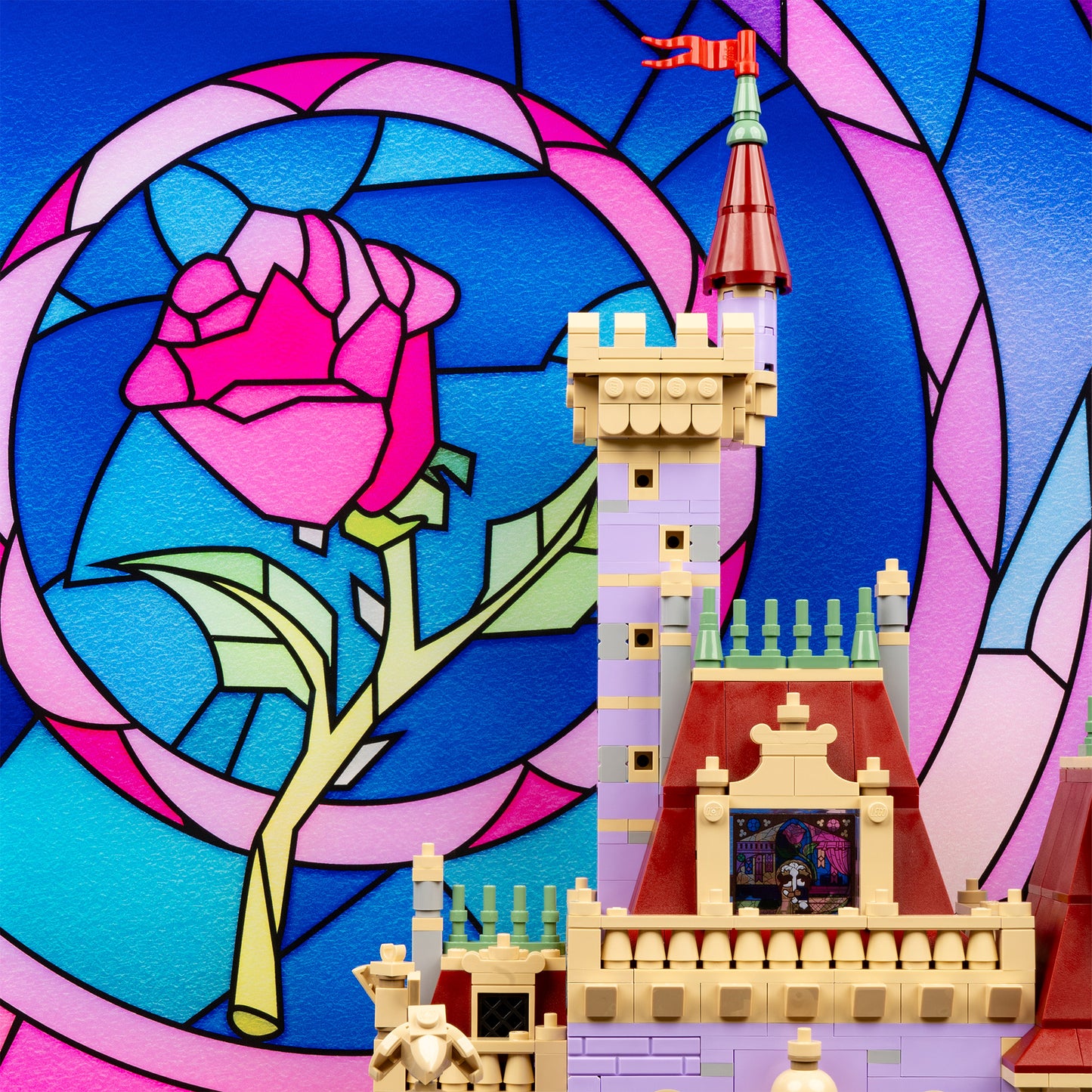Tower detail view of LEGO 43263 Beauty and the Beast Castle Display Case with a UV printed background.
