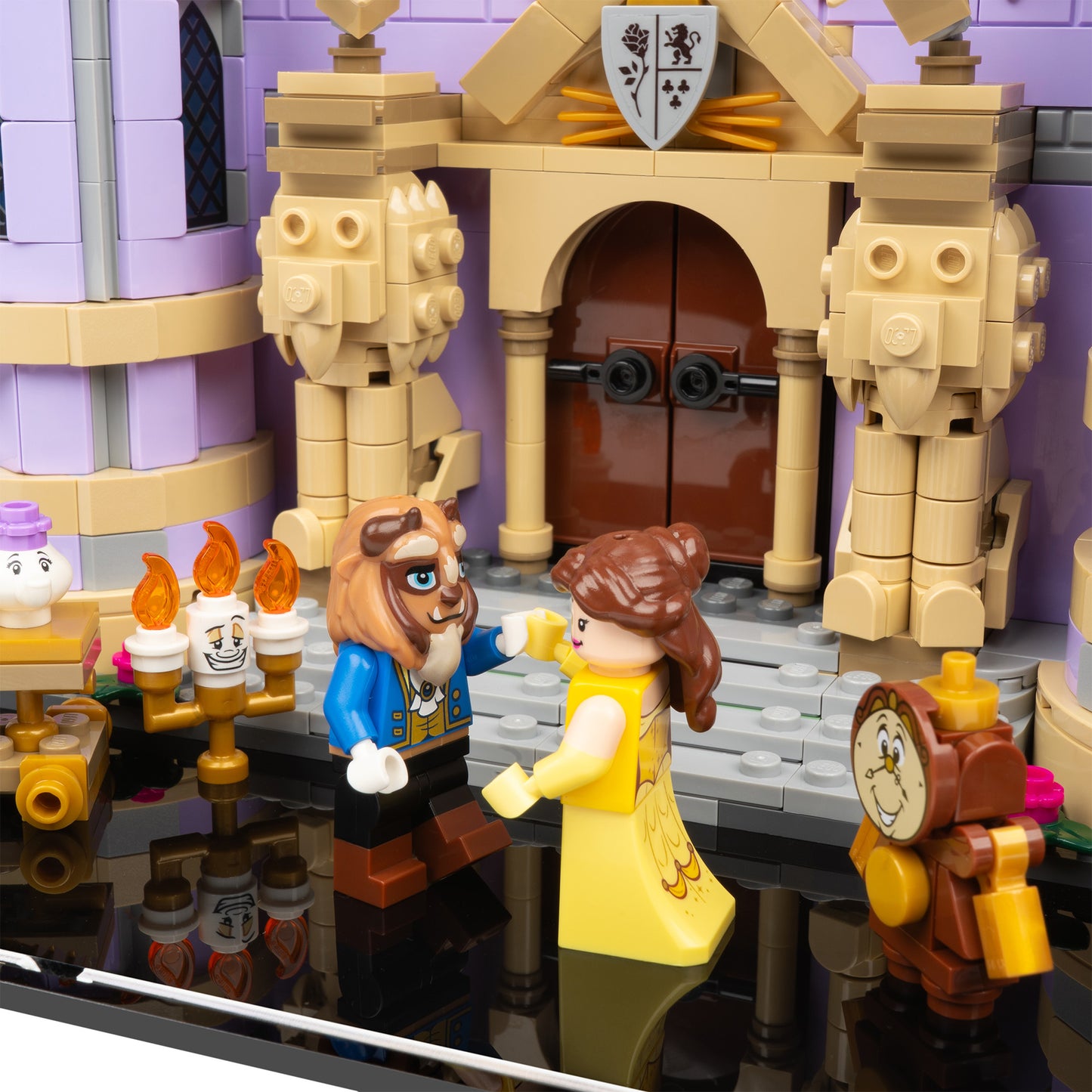 Entrance detail view of LEGO 43263 Beauty and the Beast Castle Display Case with a UV printed background.