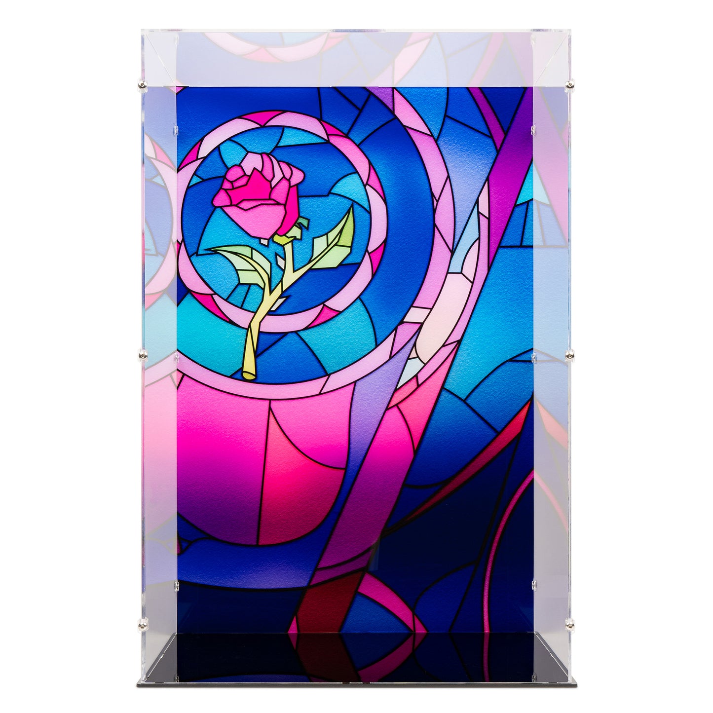 Front view of empty LEGO 43263 Beauty and the Beast Castle Display Case with a UV printed background.